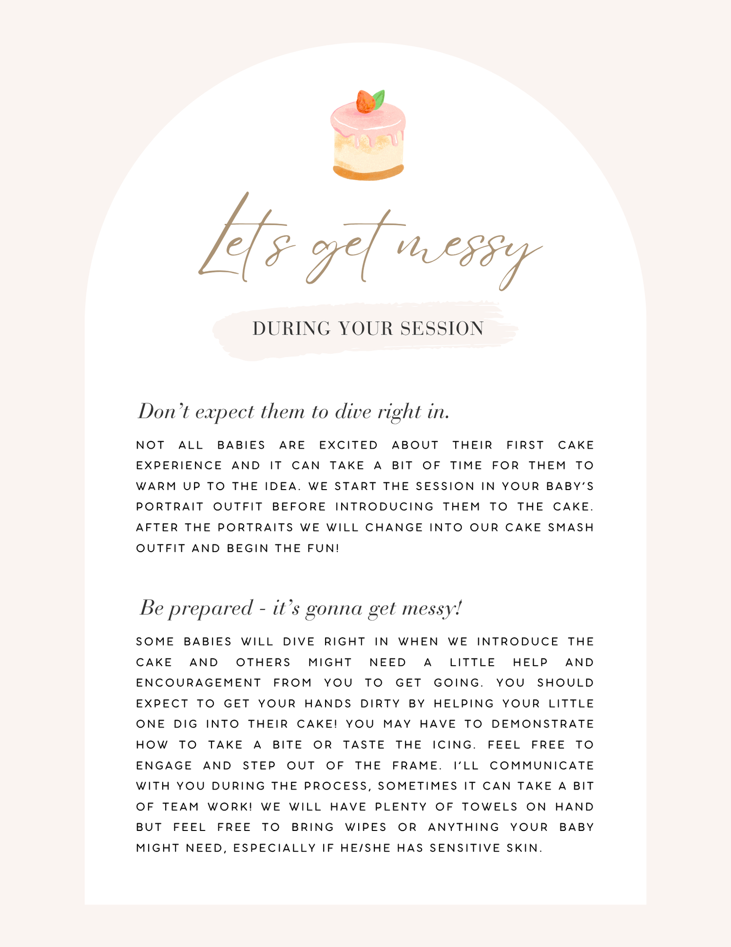 White minimalist flyer with cake illustration explaining photography session details for cake smash photoshoots.