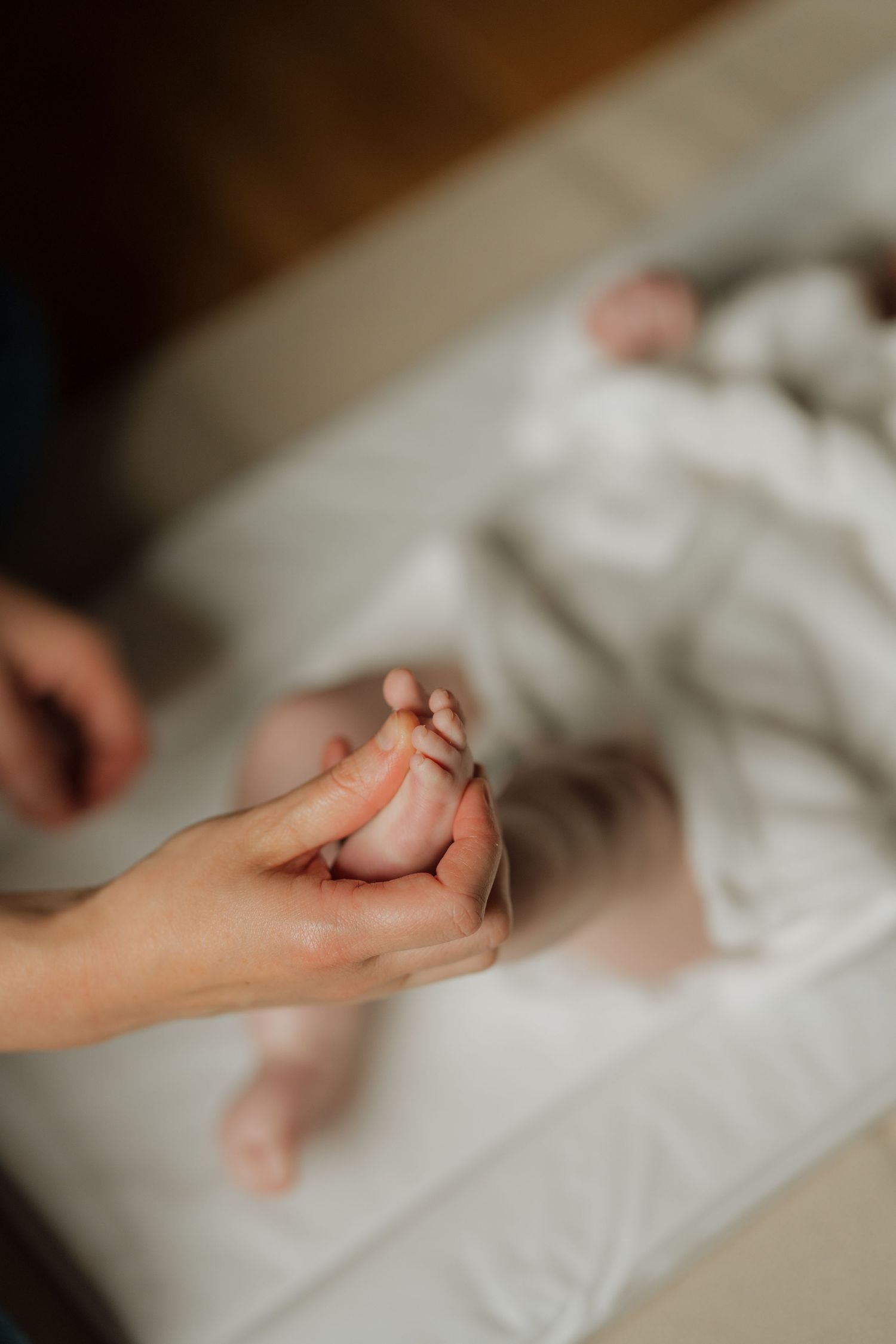 A parent gently holds a newborn baby's tiny feet while the infant rests on a white blanket.