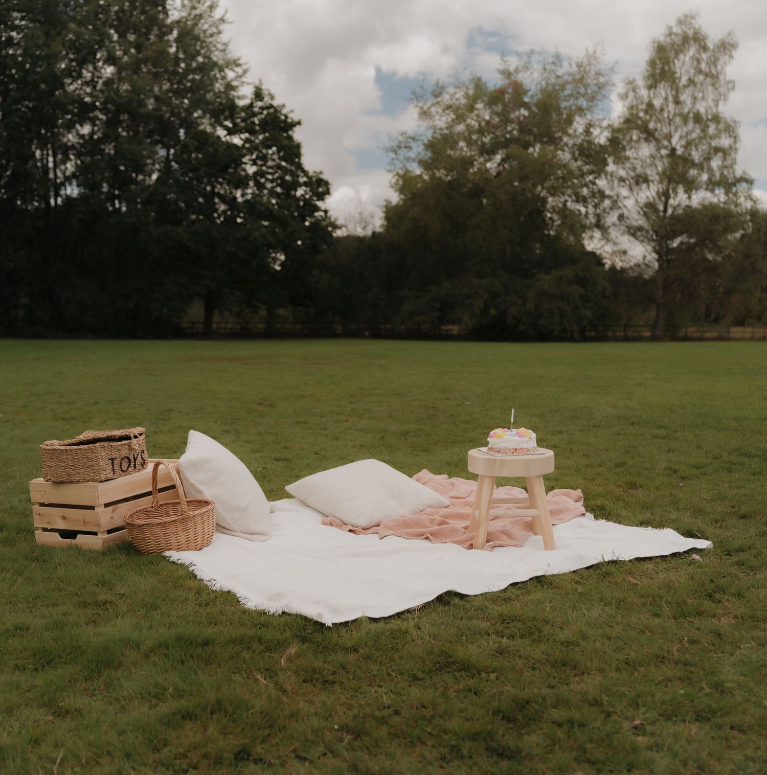 A white picnic blanket laid out on green grass with wooden crates and pink decorative items for an outdoor milestone shoot in Derby.