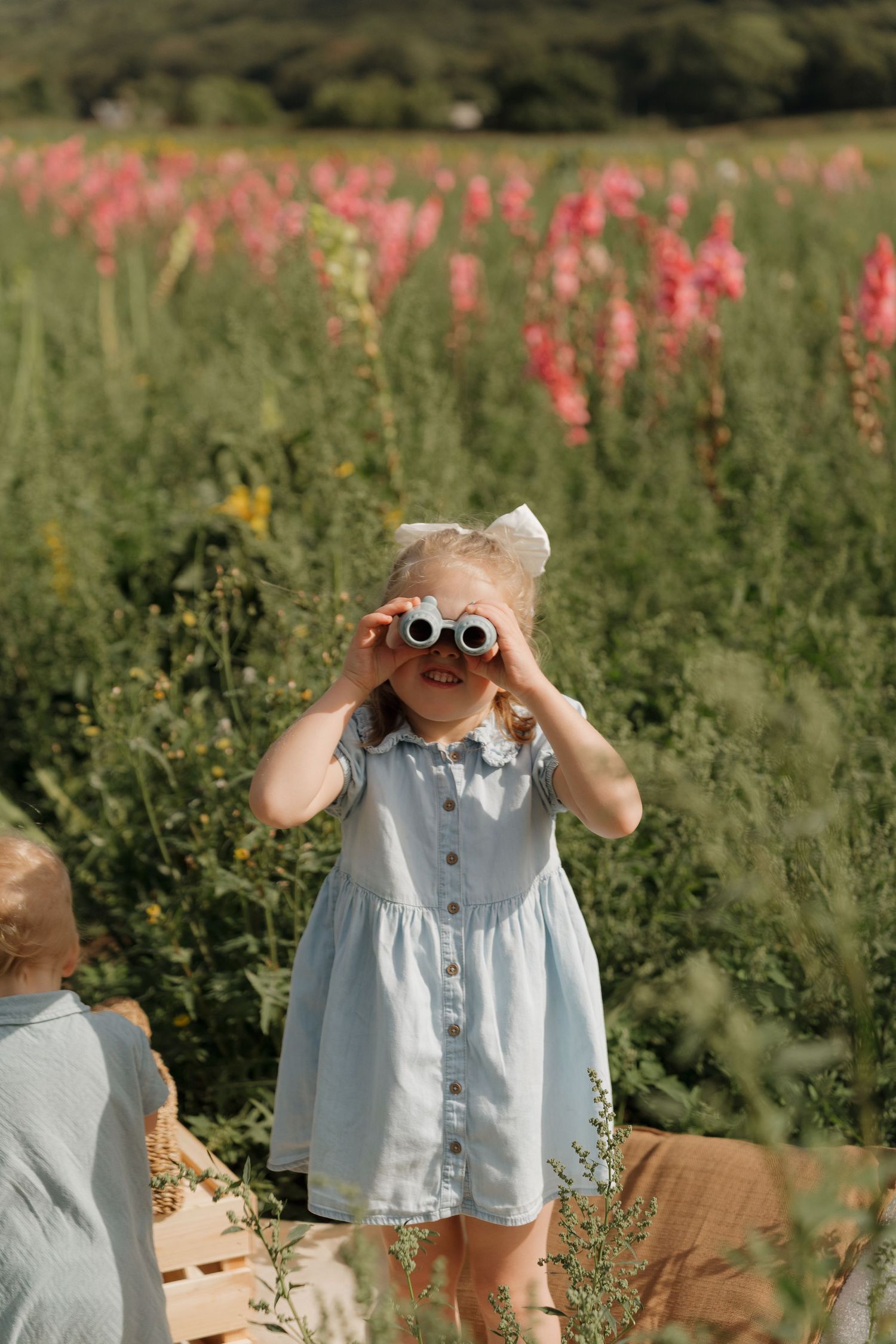 A young girl in a light blue dress holds toy binoculars in a vibrant flower field on a sunny day.