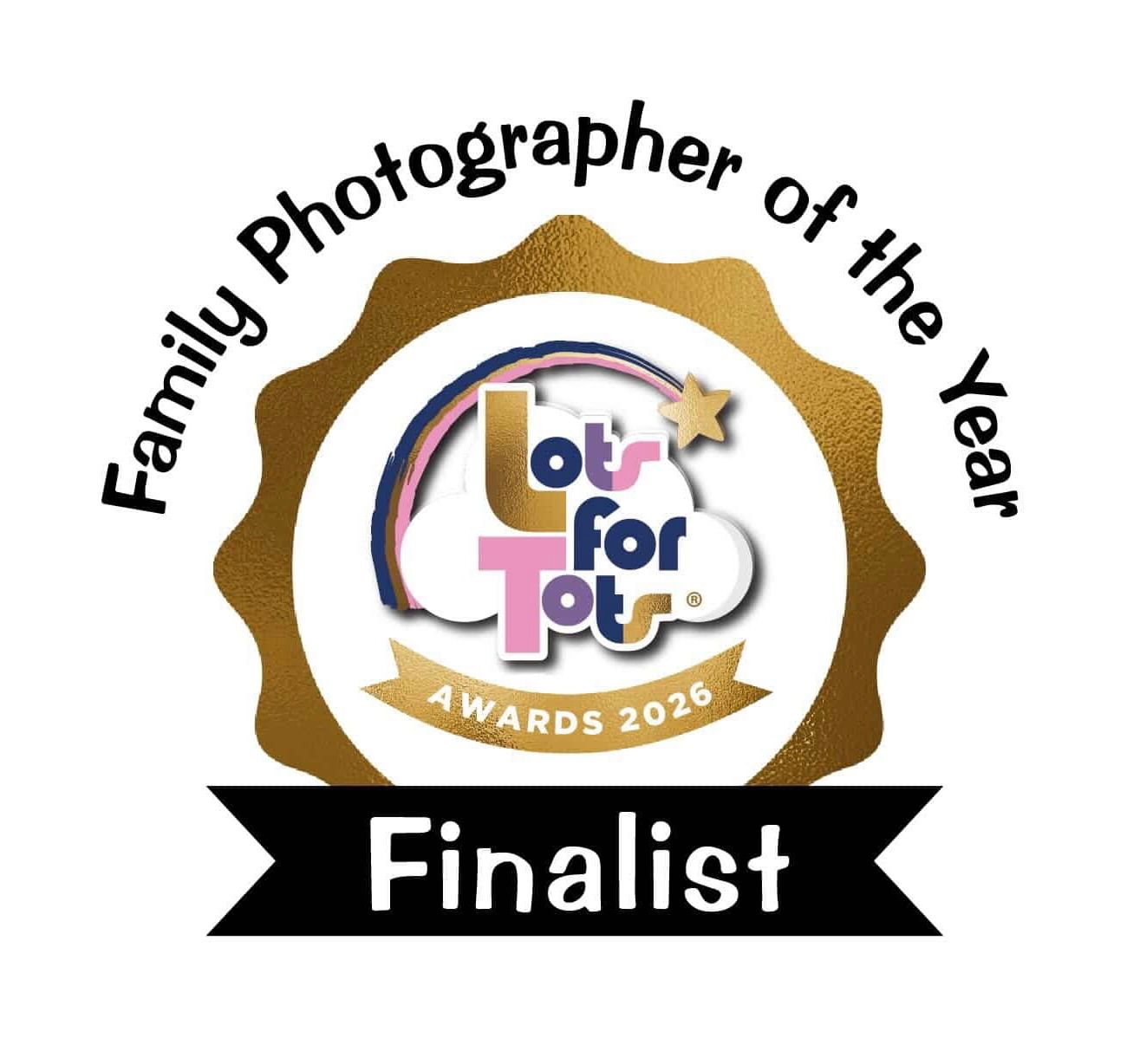 Lots for Tots Awards 2026 Family Photographer of the Year Finalist badge with gold seal design.