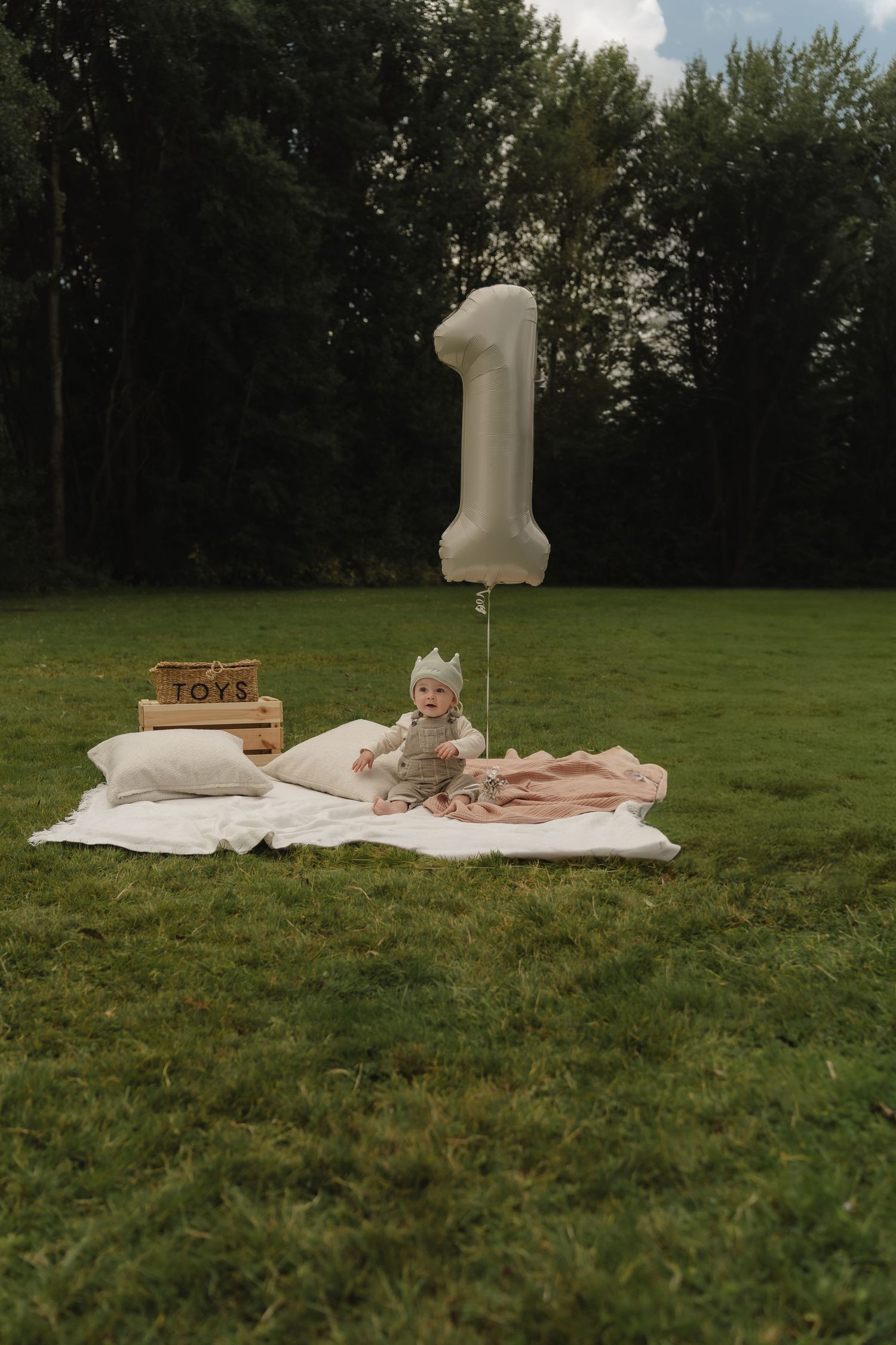 Baby in crown sits on blanket with number 1 balloon and toys crate on grass for first birthday. Milestone outdoor and studio photography.