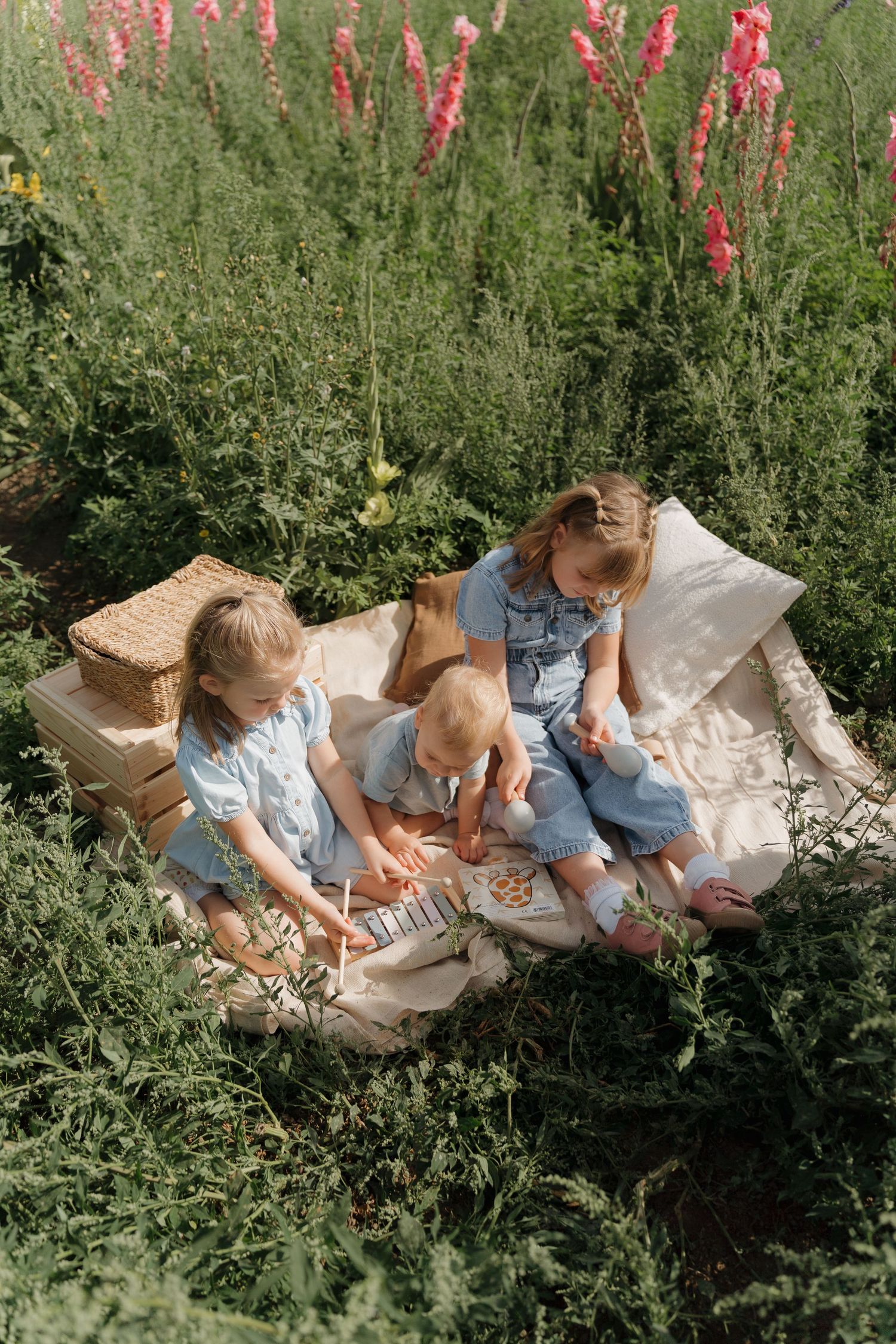 Children sitting on a blanket in a garden with tall pink flowers blooming in the background at the wildflower field in Derbyshire.