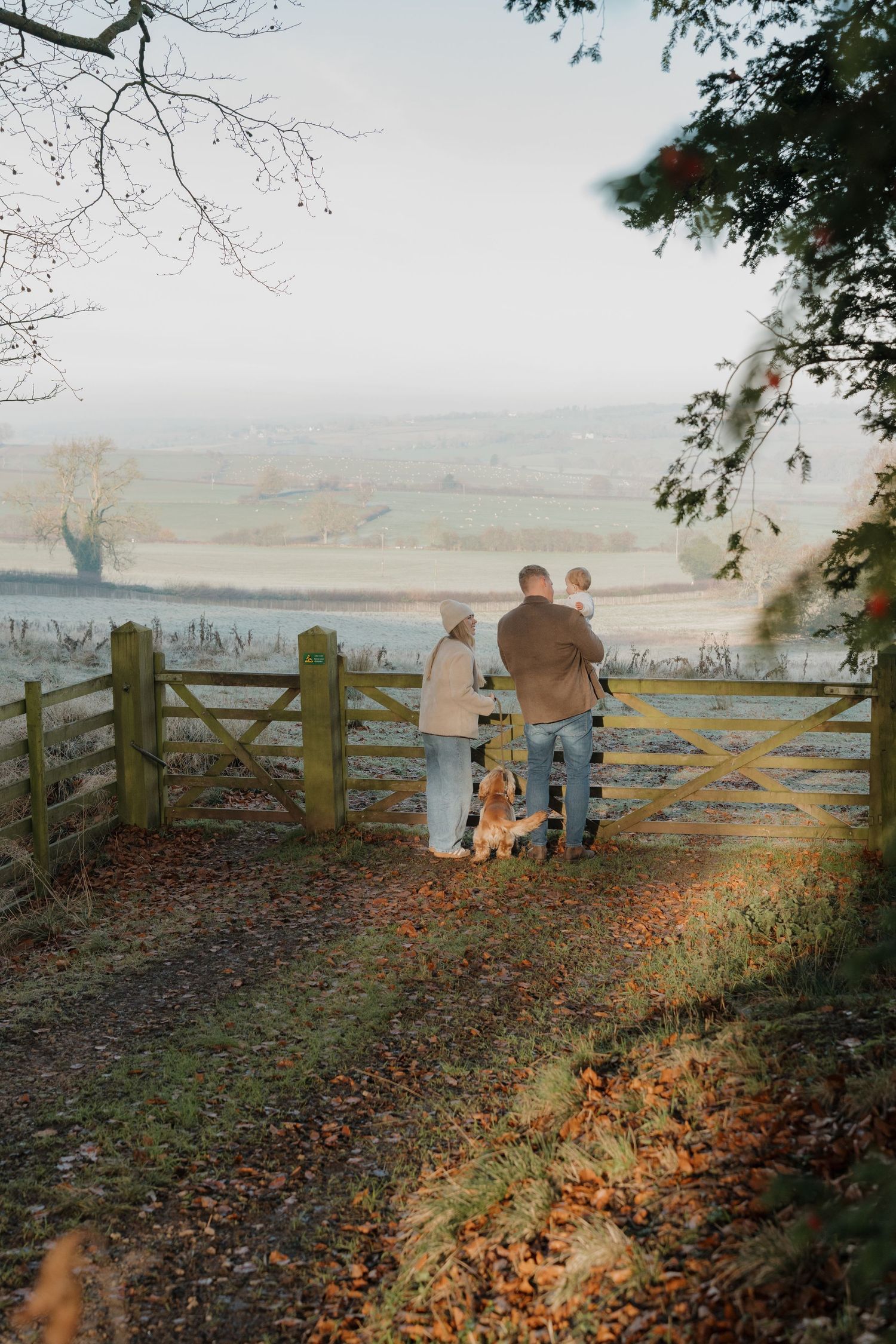 Family with baby and dog standing at a rustic gate overlooking a misty countryside landscape.