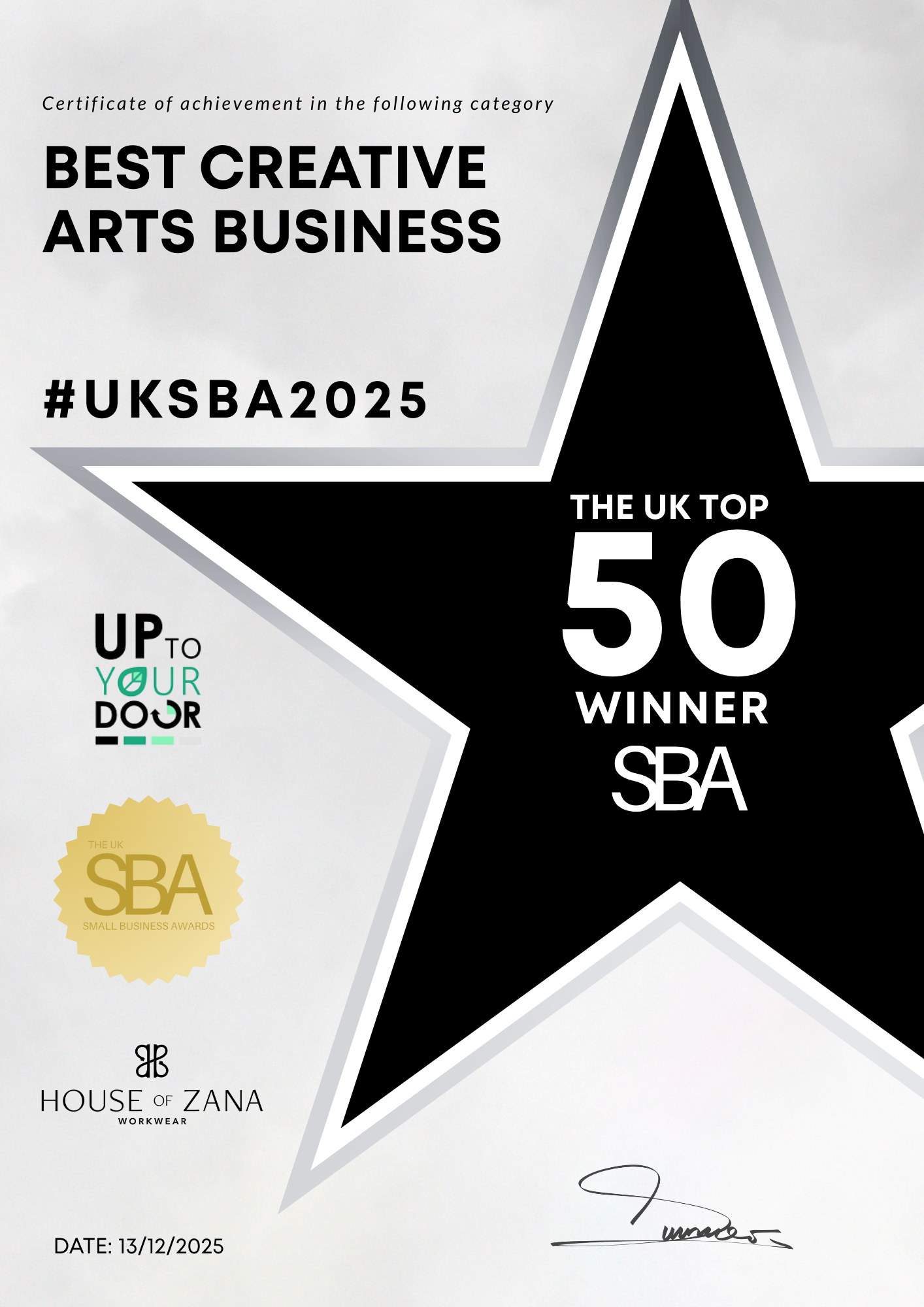 A black and white certificate design with star shapes showing 'Best Creative Arts Business' award for UKSBA 2025.