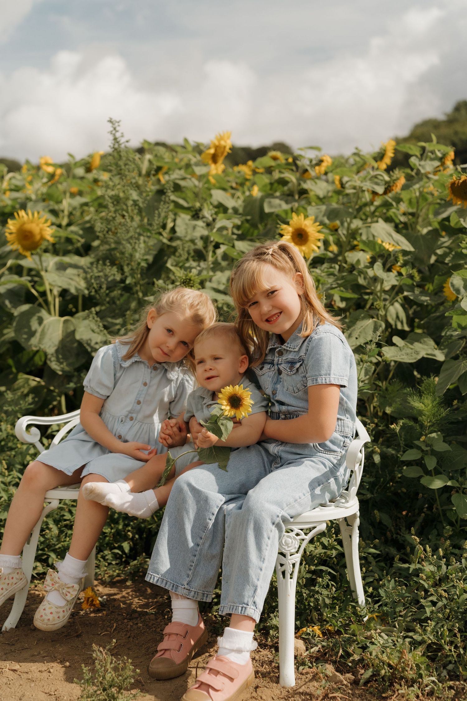 Three children sit on a white bench in a sunflower field, two blonde girls in blue denim hugging a baby holding a sunflower.