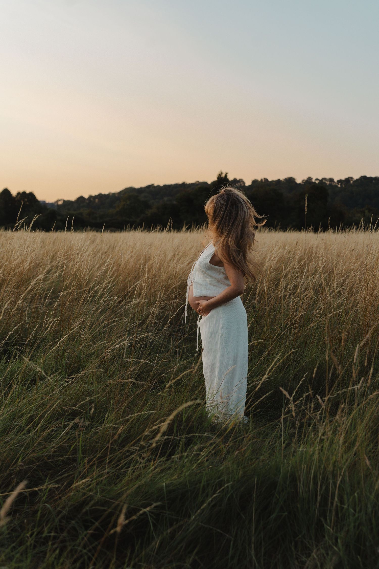 Maternity shoot, in white dress stands in a golden field of tall grass at sunset.