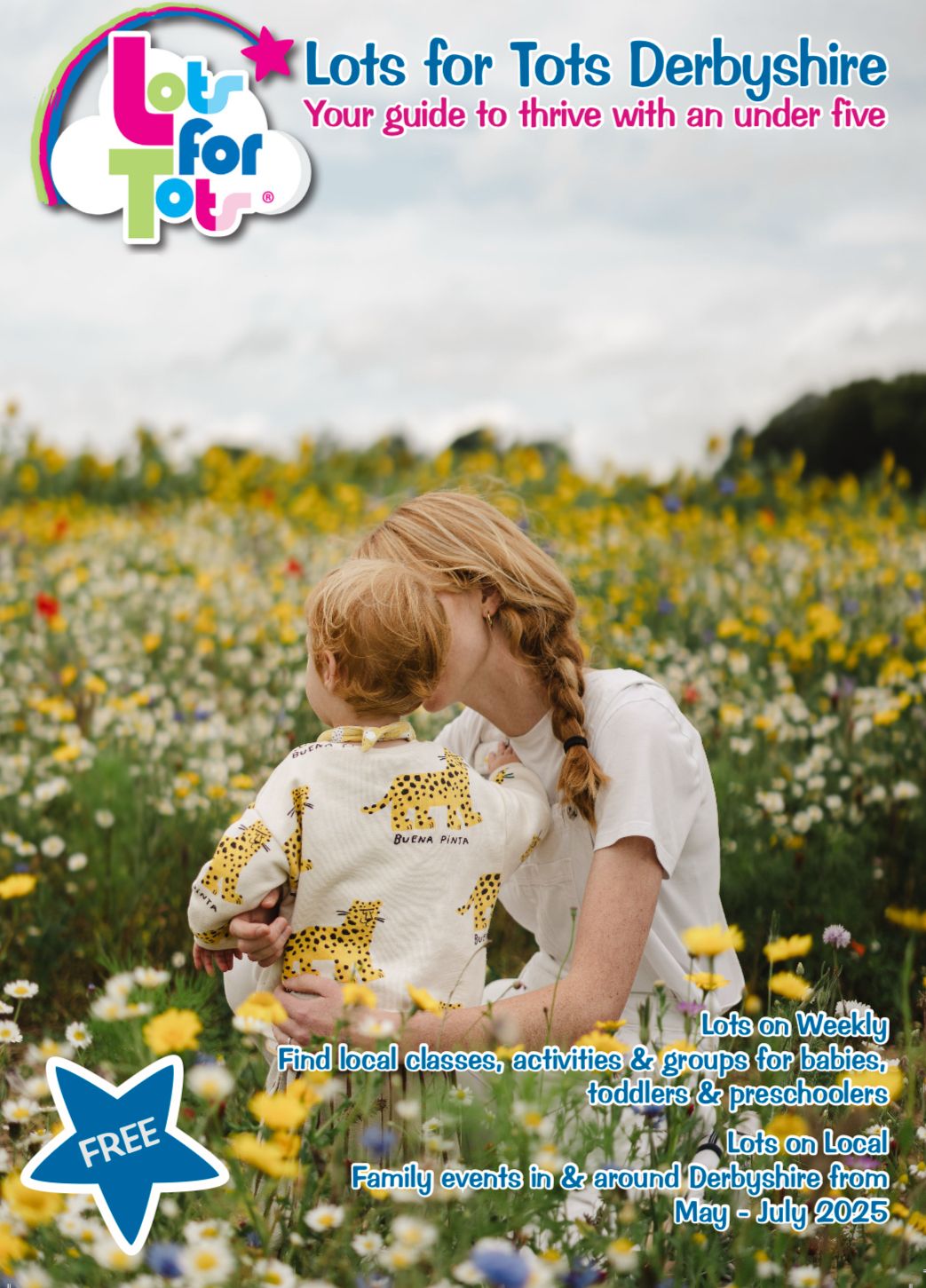 Mother and child embracing in a wildflower meadow, featured on Lots for Tots Derbyshire free family activity guide.