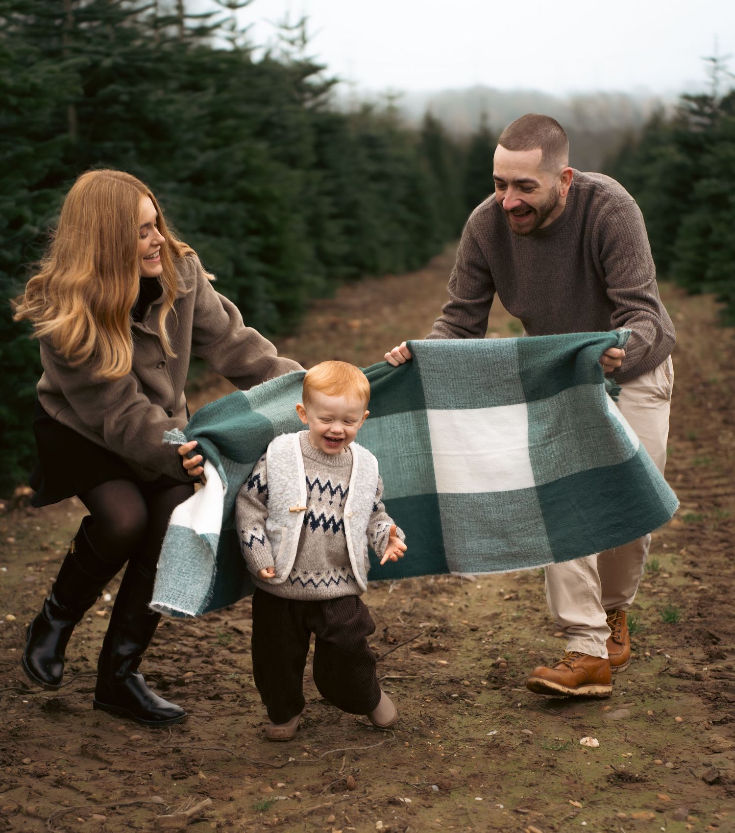 A family plays together with a blanket in a Christmas tree farm on a cloudy winter day.