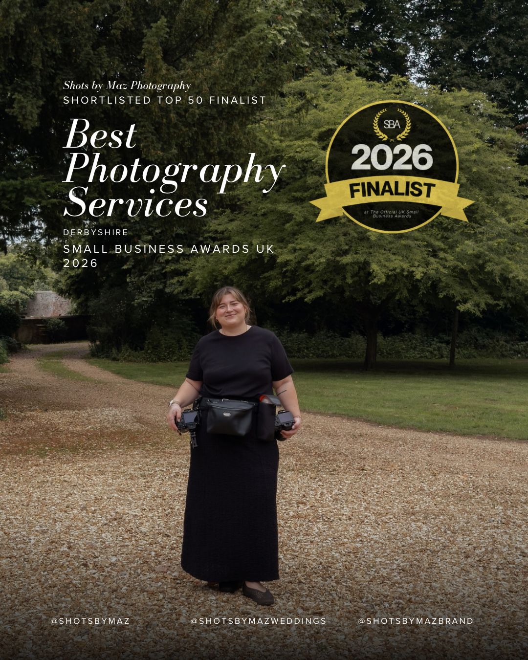 Woman photographer stands outdoors holding camera gear, finalist badge for Best Photography Services Derbyshire Small Business Awards 2026.
