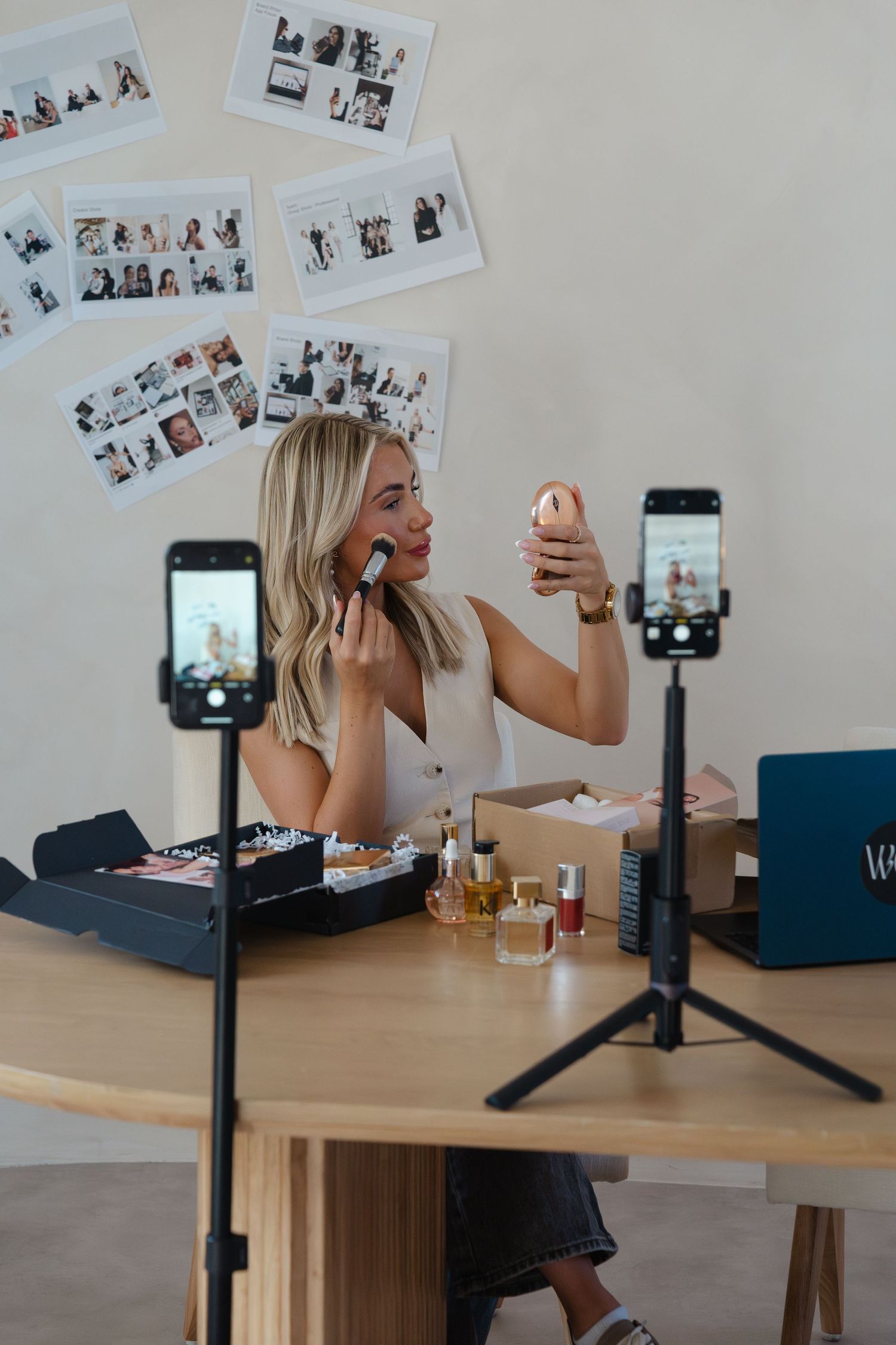 A series of photos showing a person recording content at a desk with a mounted phone camera setup.