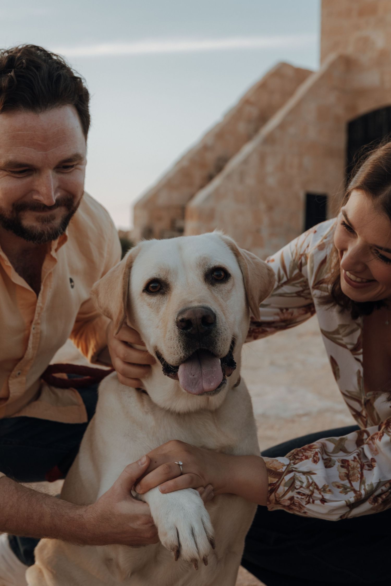 A happy yellow Labrador dog interacting playfully with its owners in a warm outdoor setting.