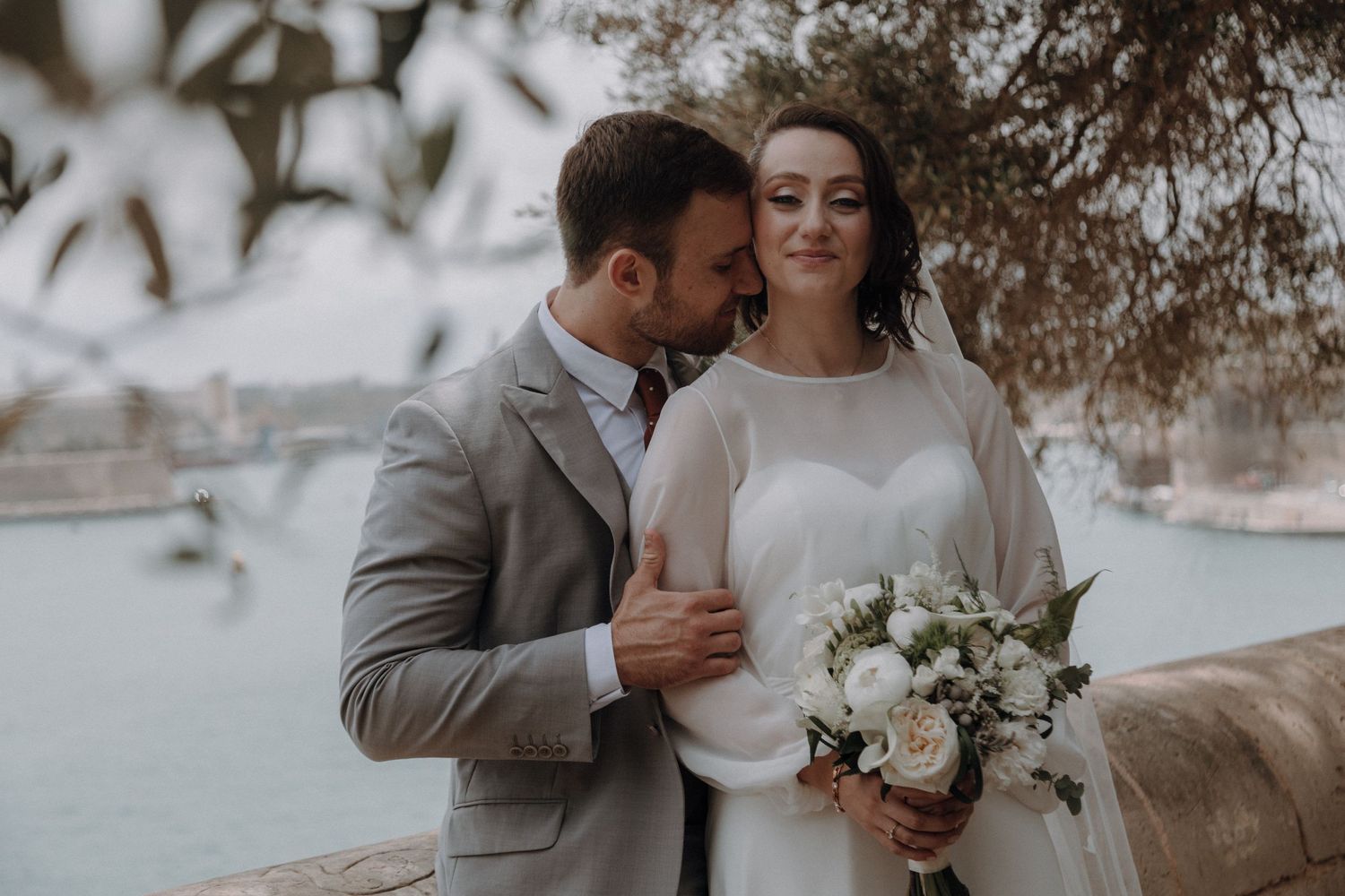 Candid wedding photography sequence showing tender moments between newlyweds.