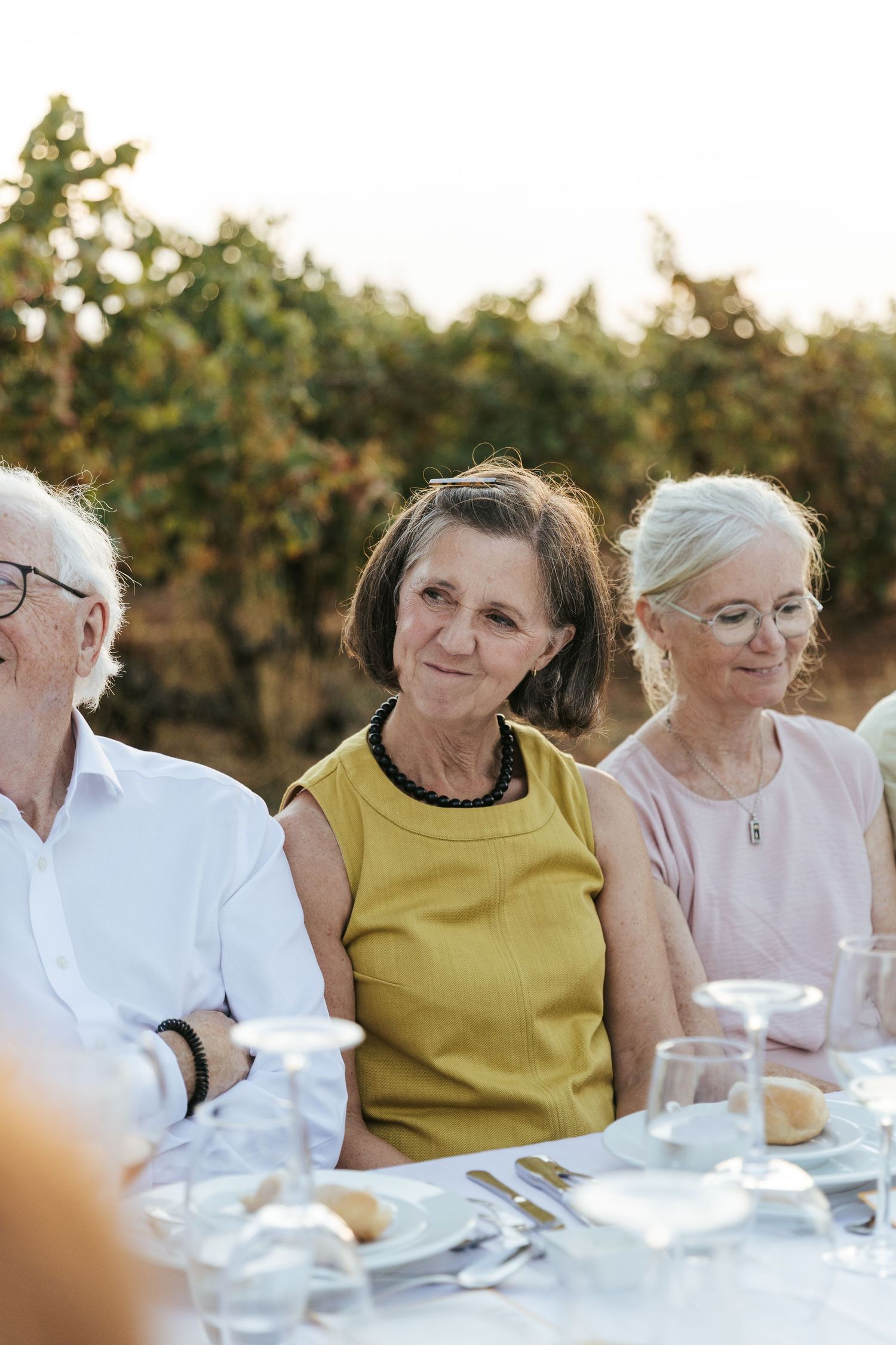 Senior guests seated at an outdoor wedding reception table surrounded by vineyard.