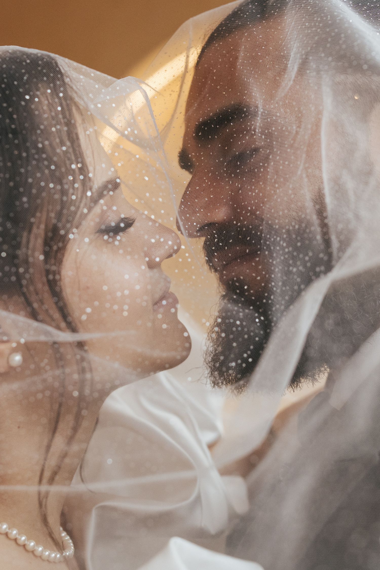 A romantic wedding couple shares intimate moments through a sheer veil in a series of ethereal, soft-lit photographs.