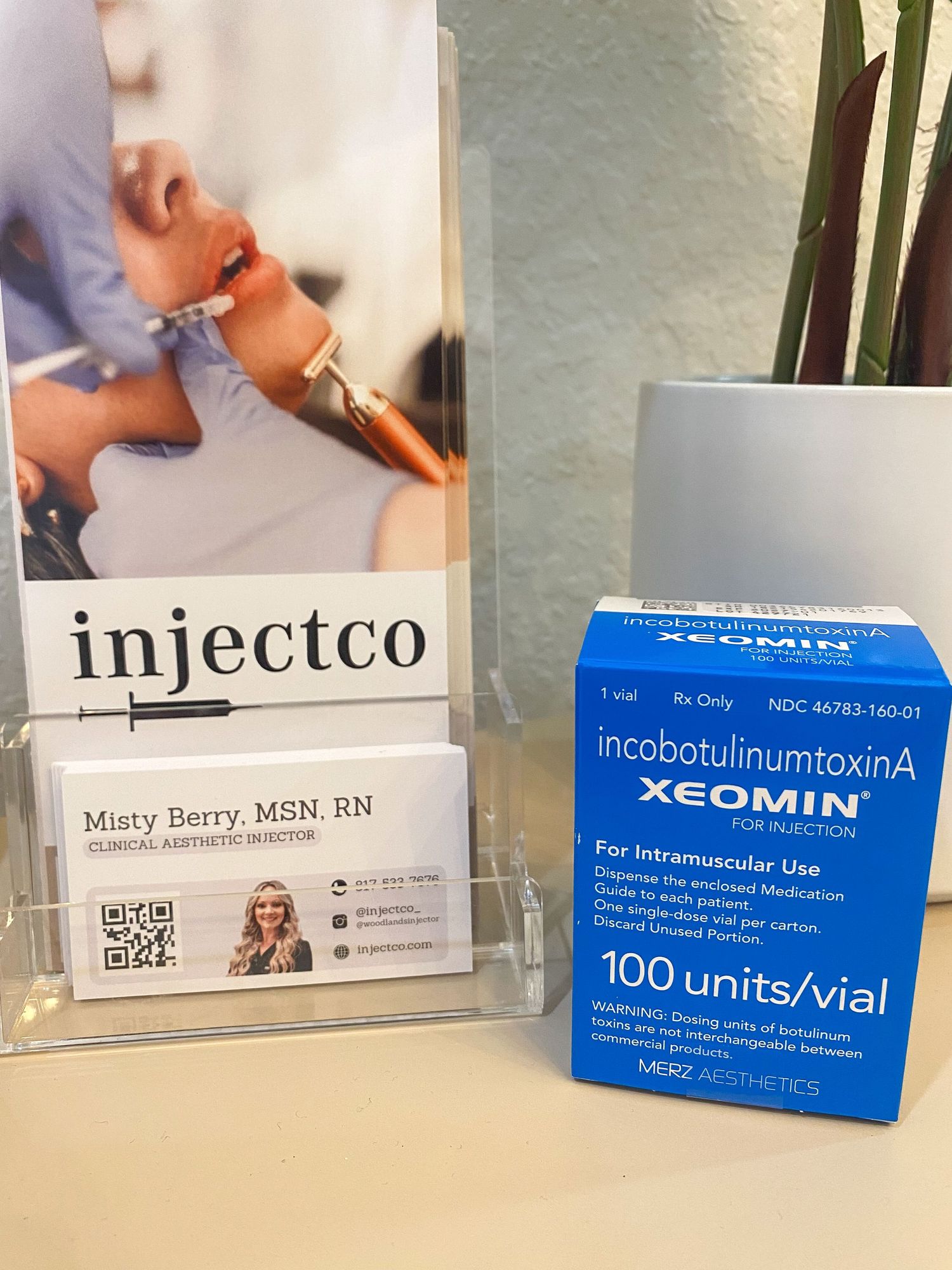 A close-up image shows medical products including a business card from injectco and a blue Xeomin medication box.