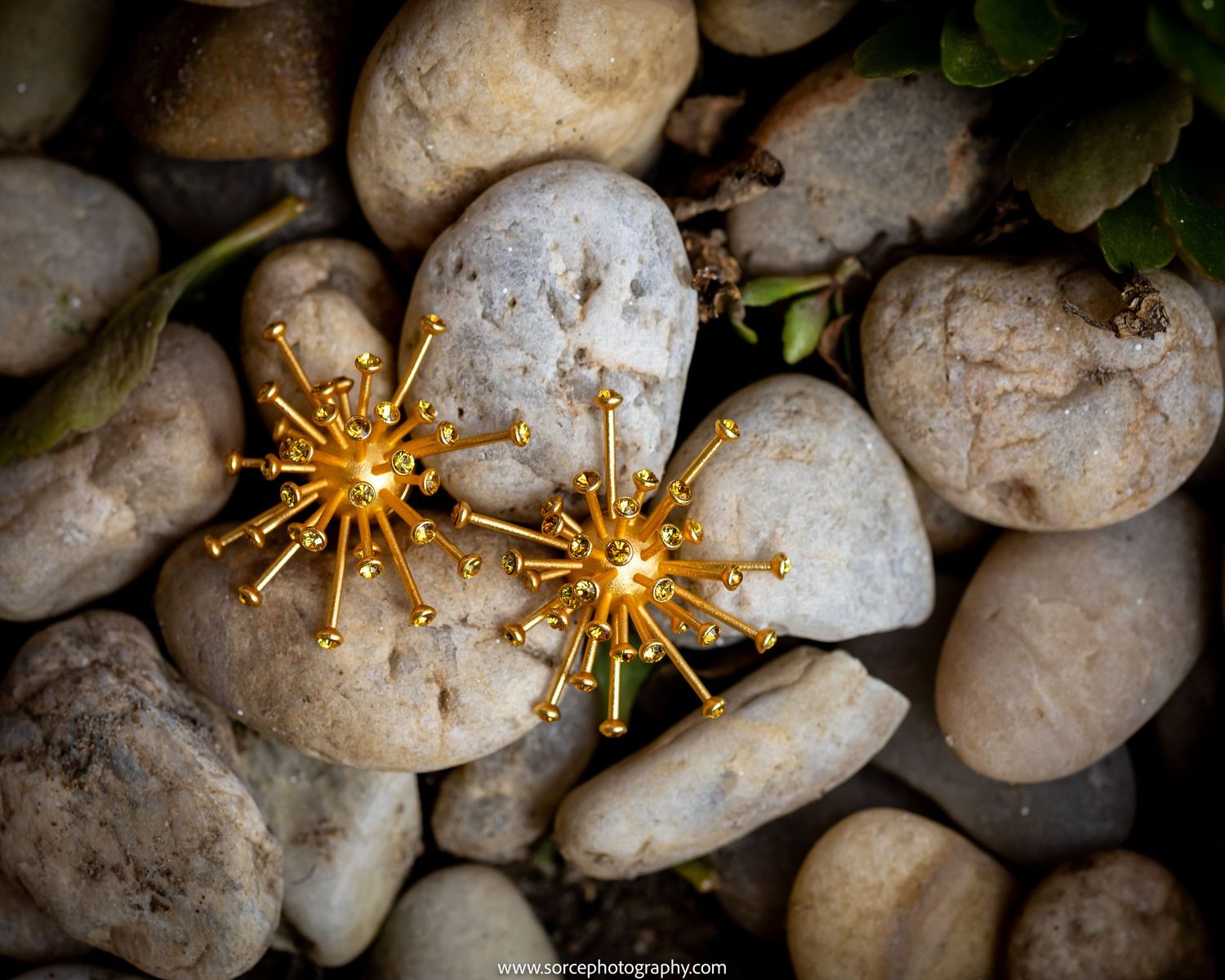 Gold sputnik starburst earrings displayed on natural gray pebble stones with green foliage in background.