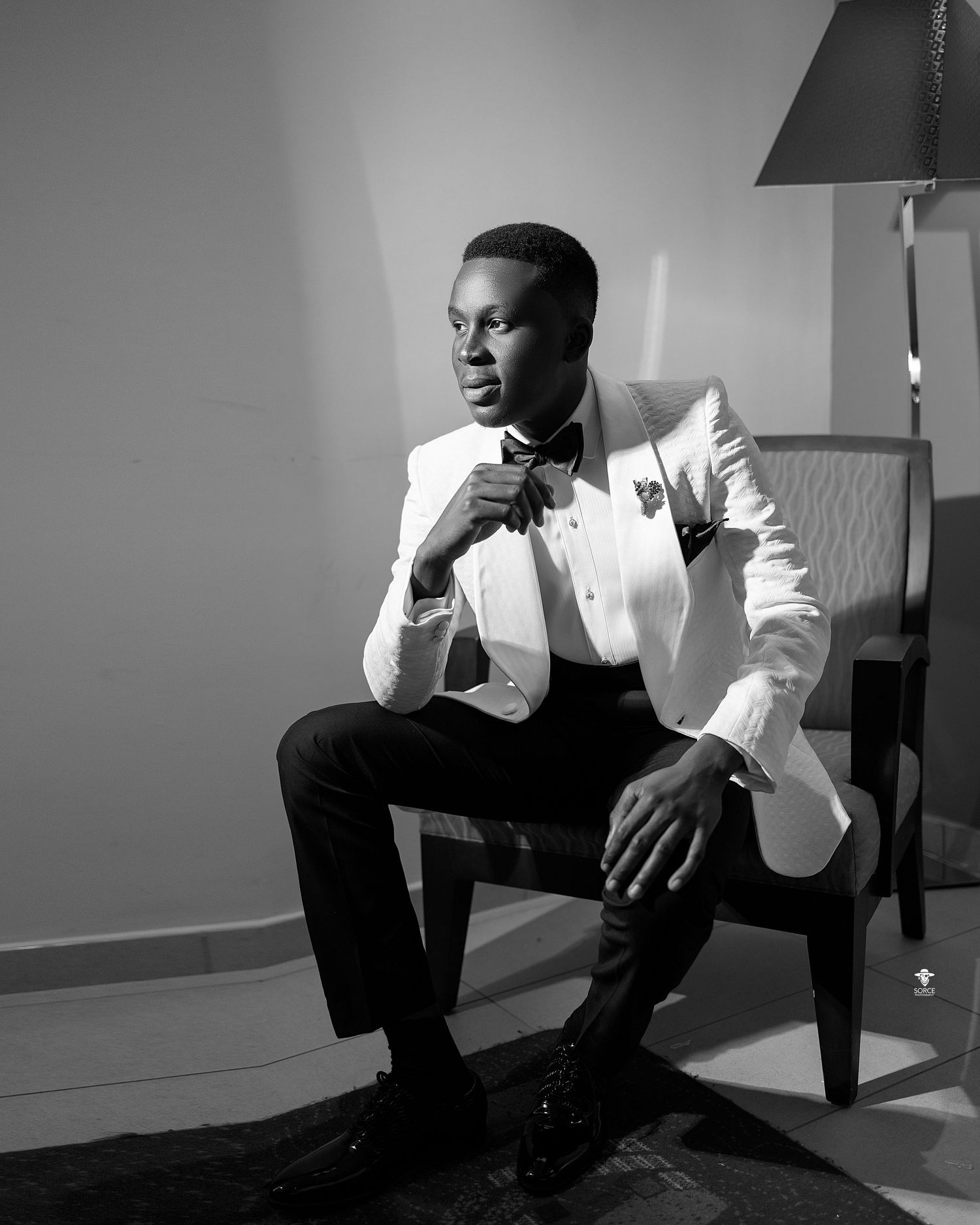 Professional black and white photo sequence showing person sitting thoughtfully in contrasting light positions.