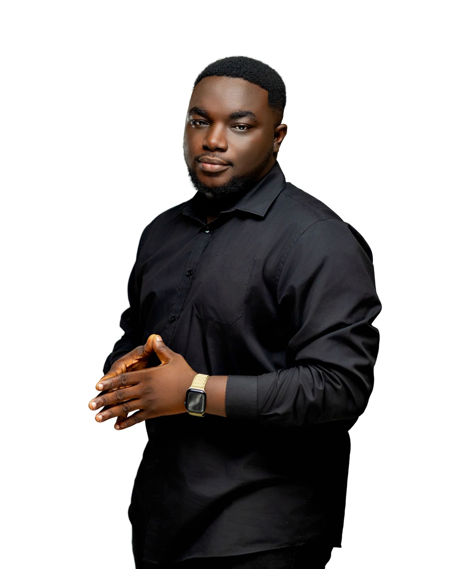 Four poses of someone wearing all black in different side profile views against a white background.
