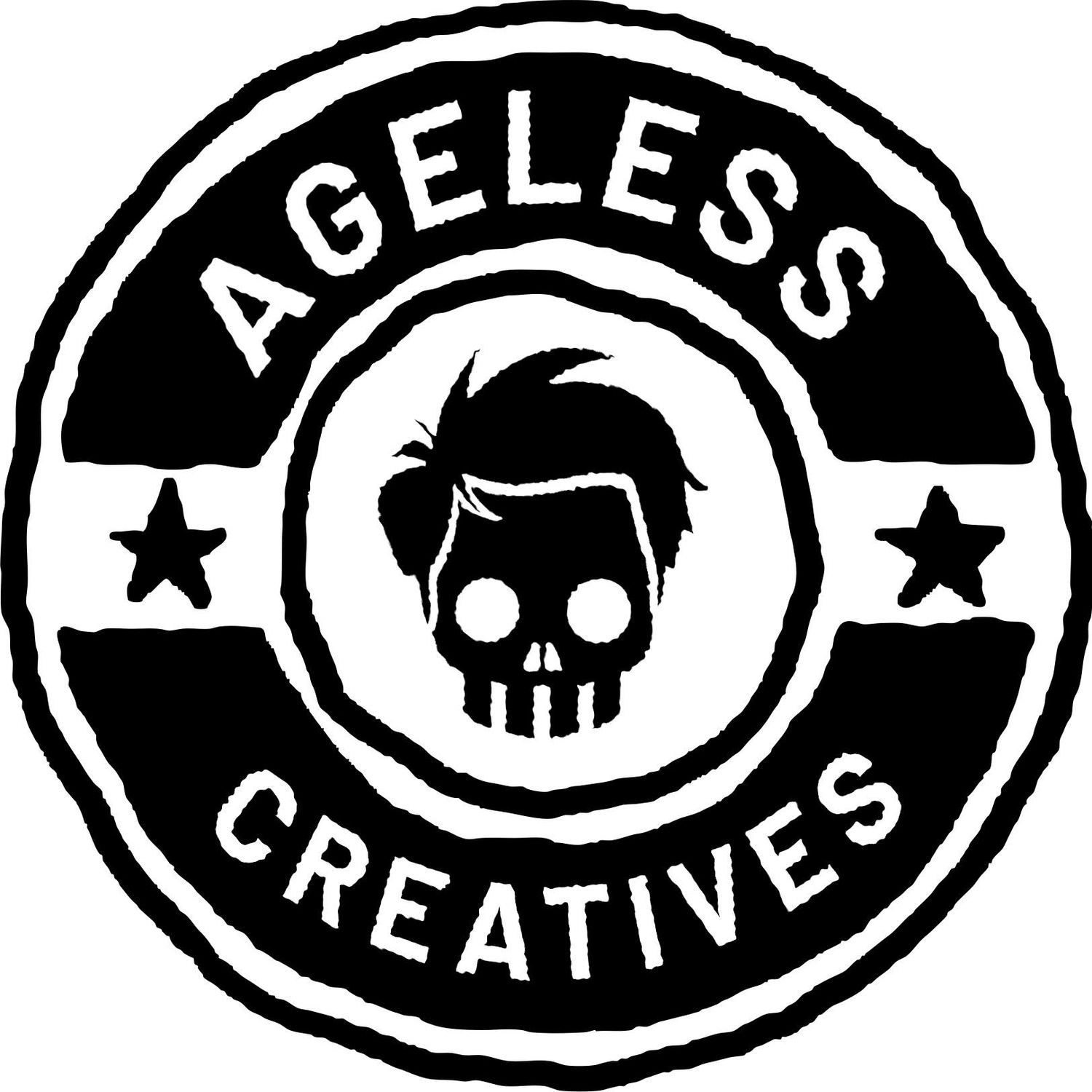 Black and white circular logo design for Ageless Creatives featuring skull icon and text.