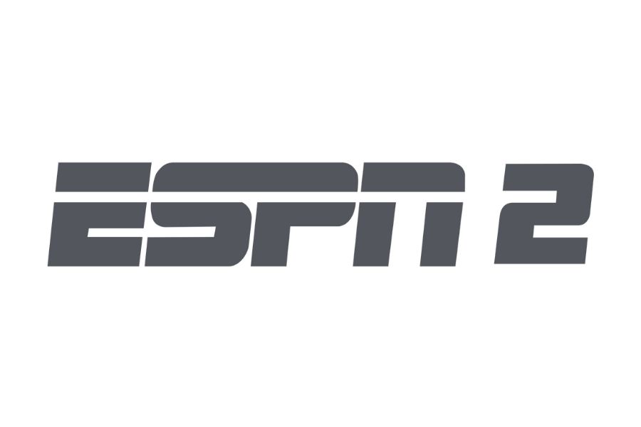 ESPN 2 network logo in gray metallic lettering on black background.