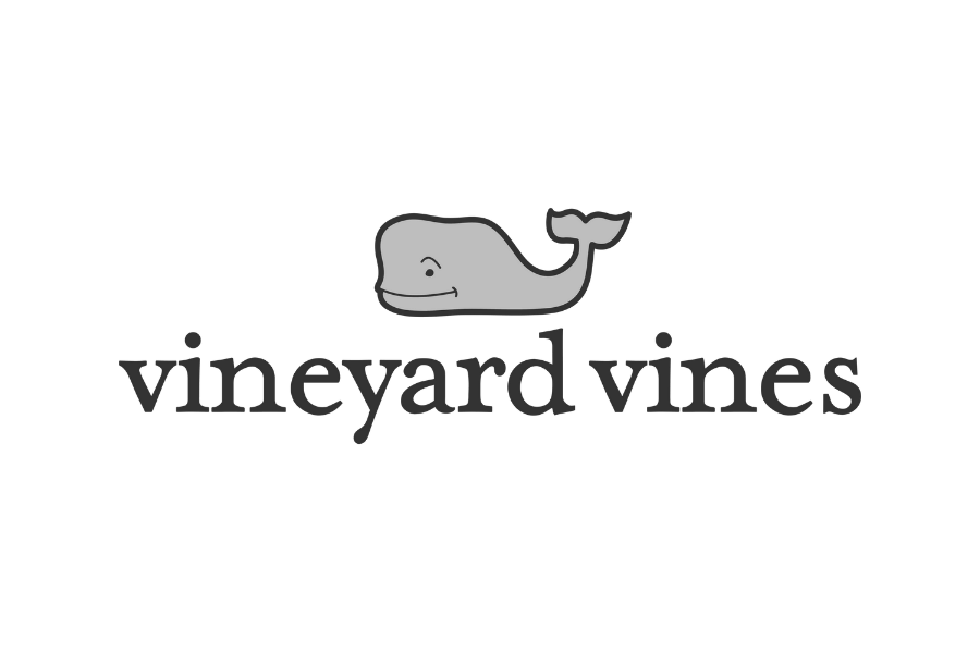 Vineyard Vines logo featuring a simple gray whale illustration above black text.