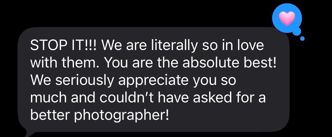 Screenshot of a glowing client testimonial message praising a photographer for their exceptional work and dedication.