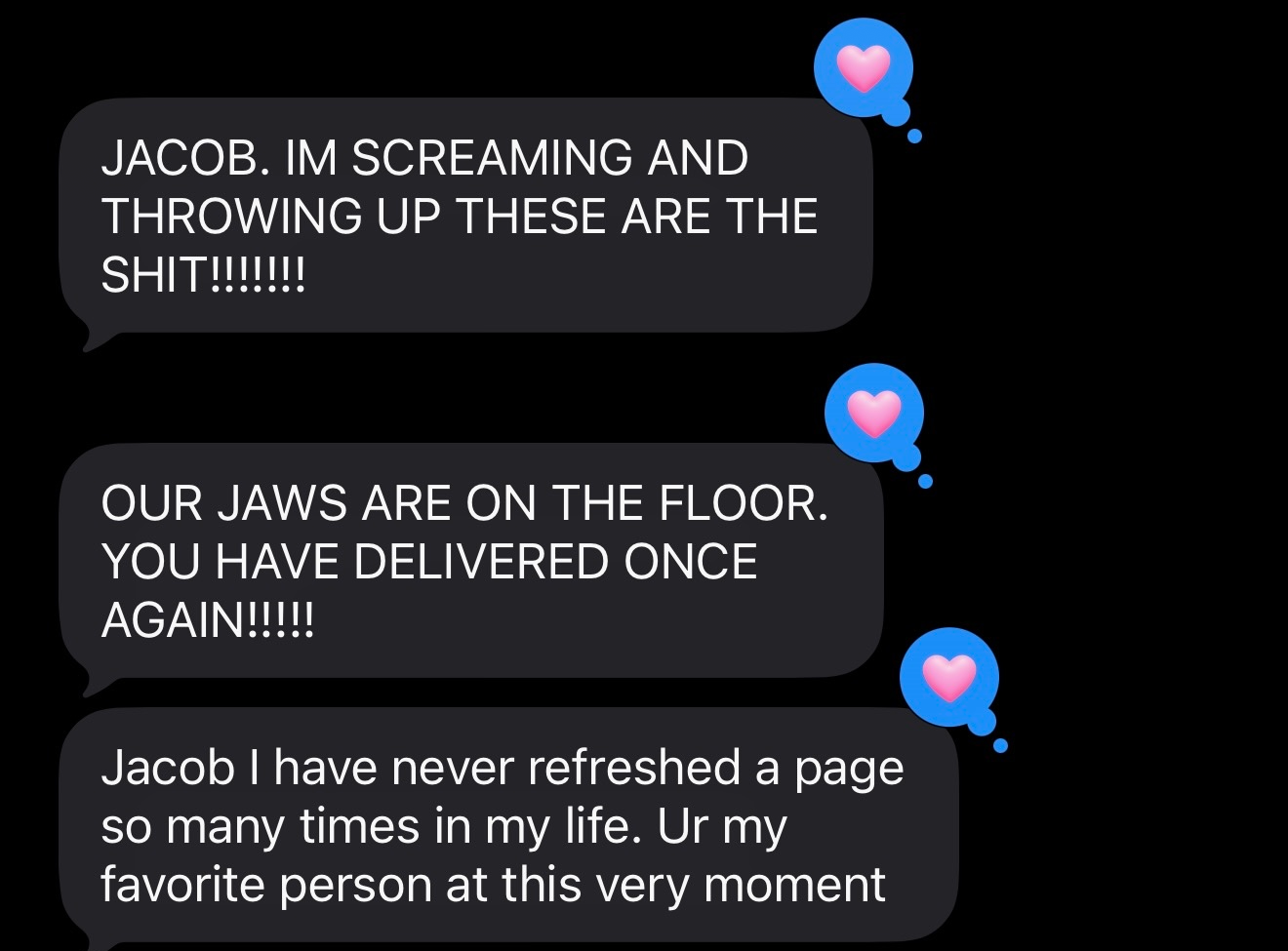 Excited text messages expressing overwhelming joy, with heart emoji reactions on a dark background.