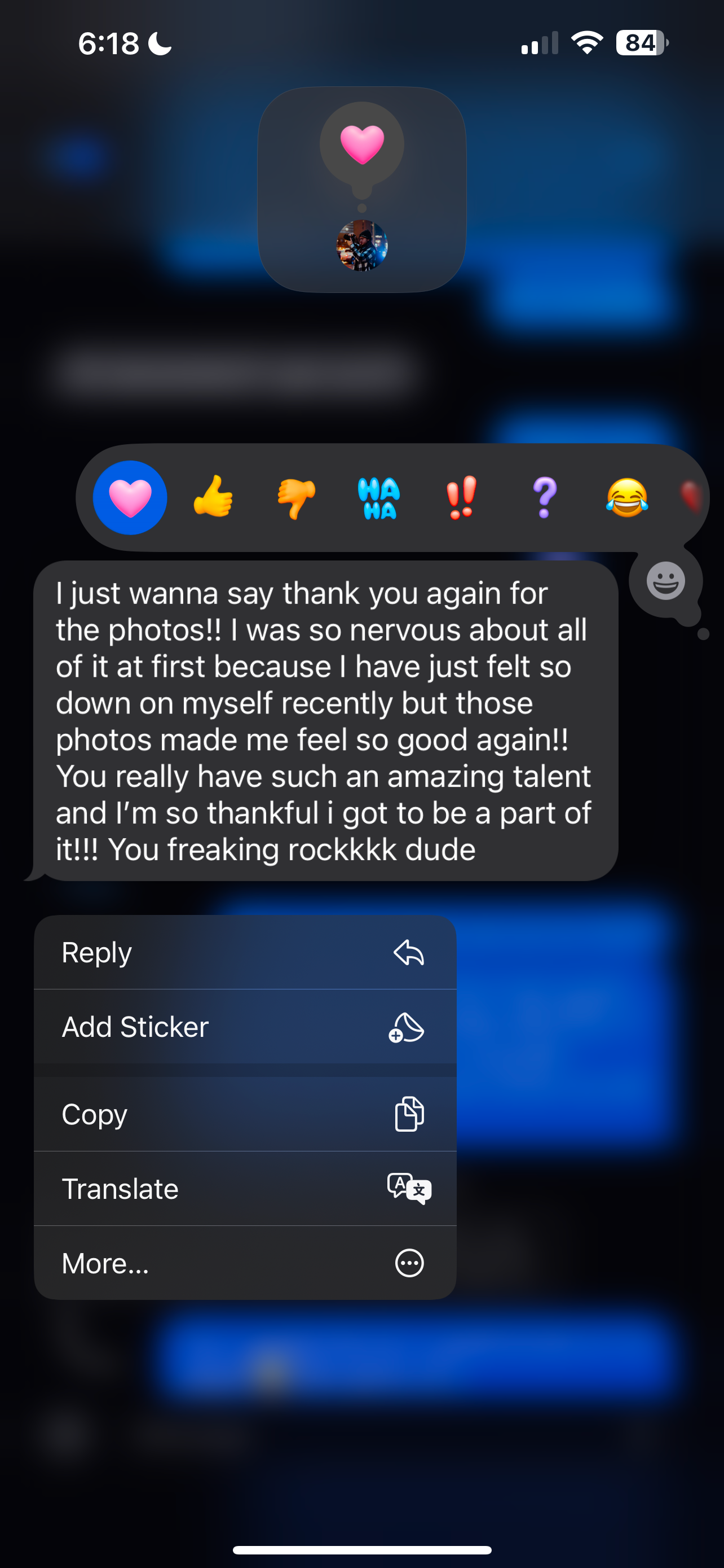 A series of mobile app screenshots showing text messages and interaction options with reaction emojis at 6:18 PM.
