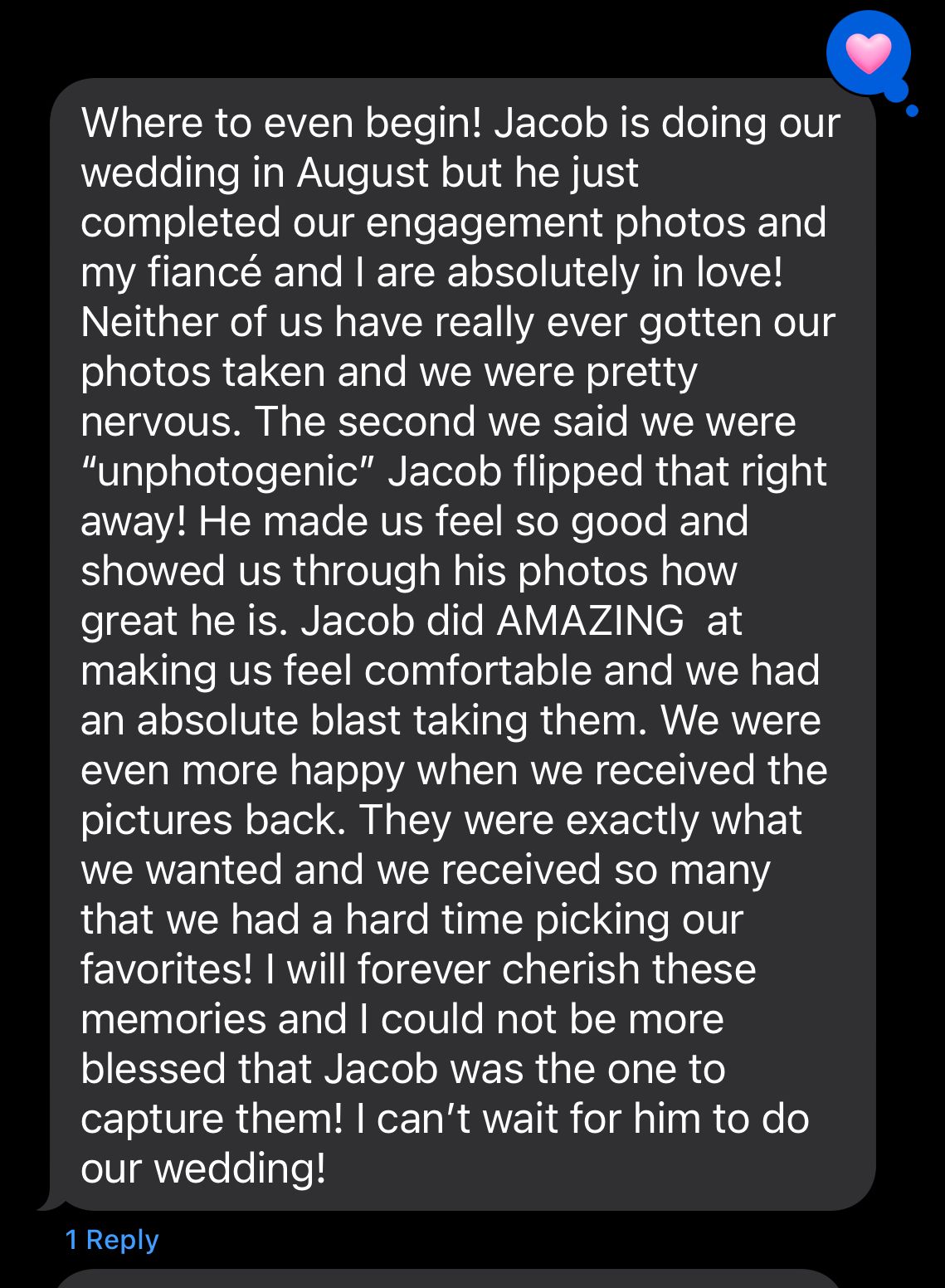 A social media post sharing excitement about engagement photos and praising the photographer for making the couple feel comfortable.