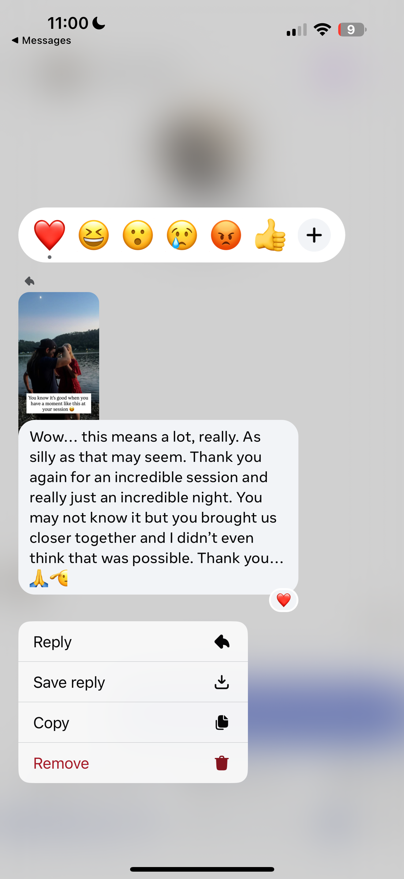 A screenshot of a text messaging conversation with emoji reactions and message bubbles on a light background.