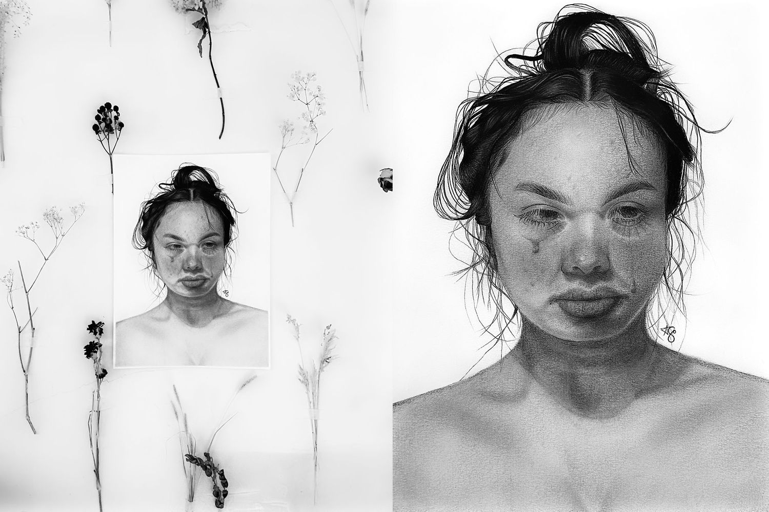Self portrait. Realistic graphite and charcoal portrait. Artwork featured in Toronto Public library Magazine.