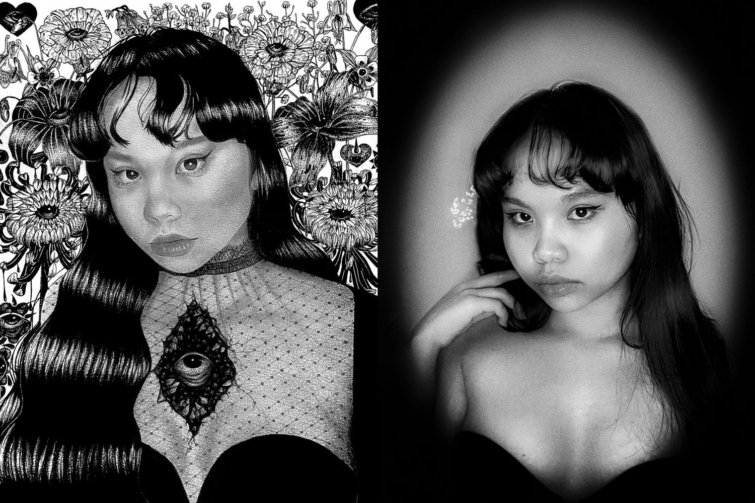 Self Portraiture. Photography and artwork made with graphite and charcoal. Detailed self portrait artwork.Floral art details.