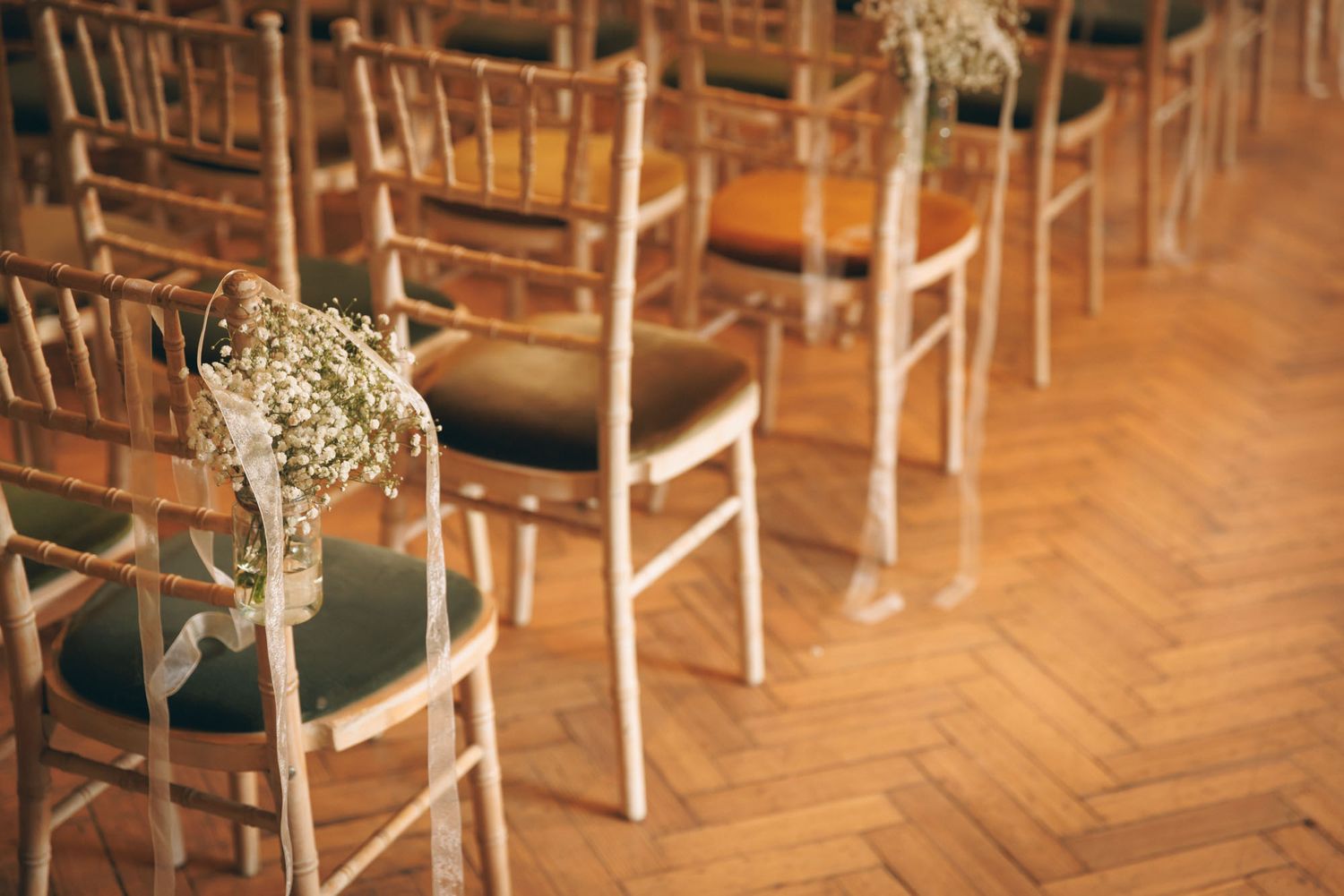 Chair decorations and floral pieces at Tinakilly country house  wedding reception