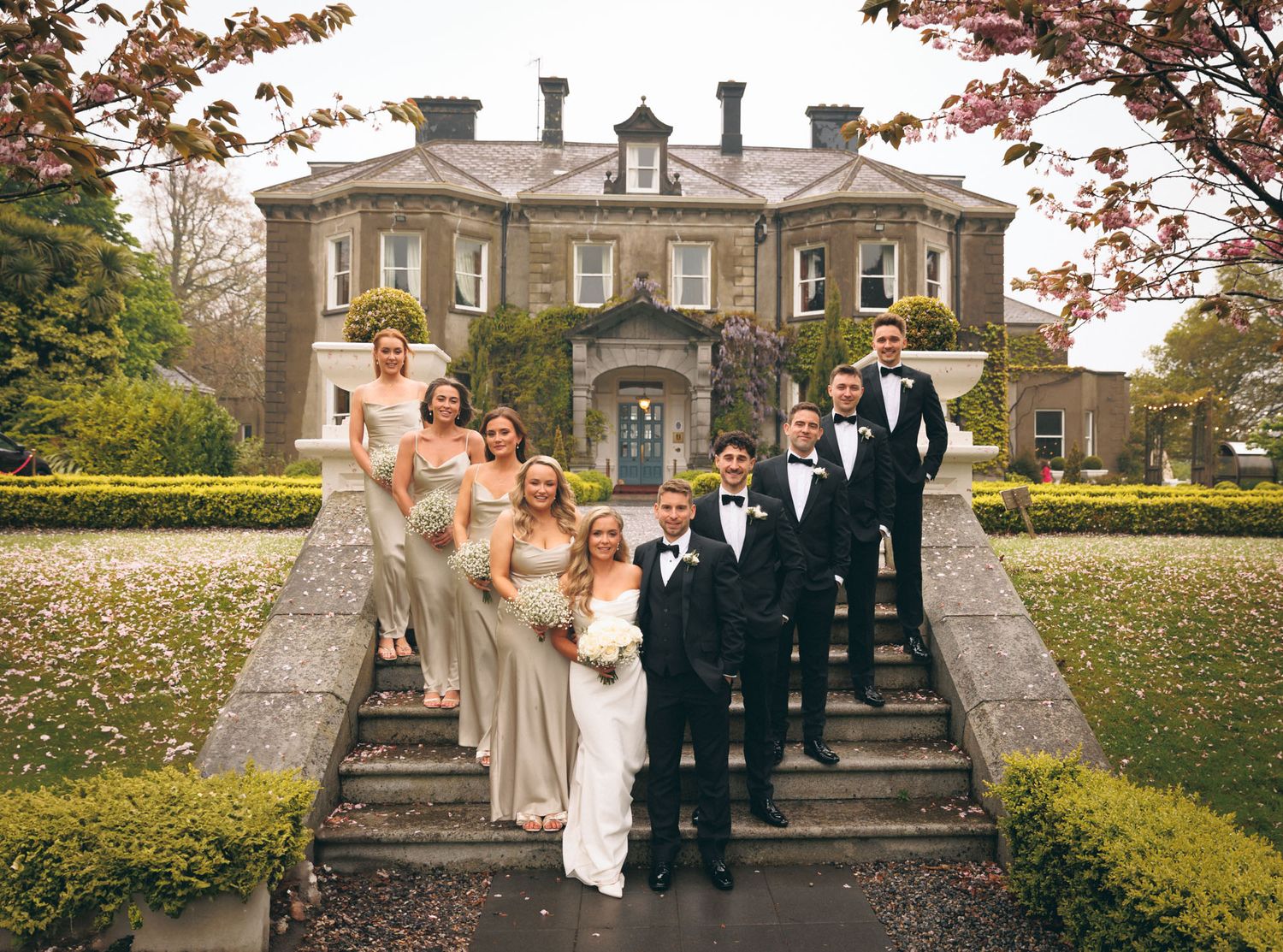 Wedding party posing on garden steps, holding bouquets and looking joyful at Tinakilly country house photographed by Paul Cowhig
