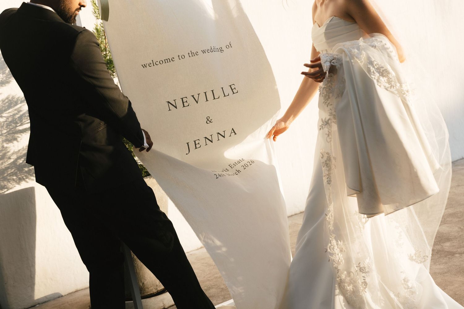 A series of romantic wedding photos showing couples in elegant black and white attire during their celebration.