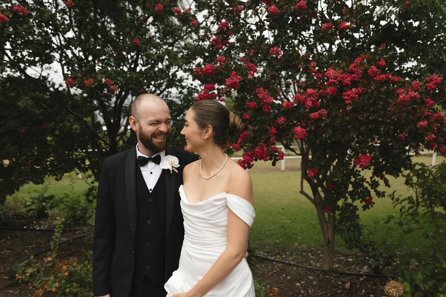 A couple shares romantic moments in a garden setting with blooming red roses and lush greenery.