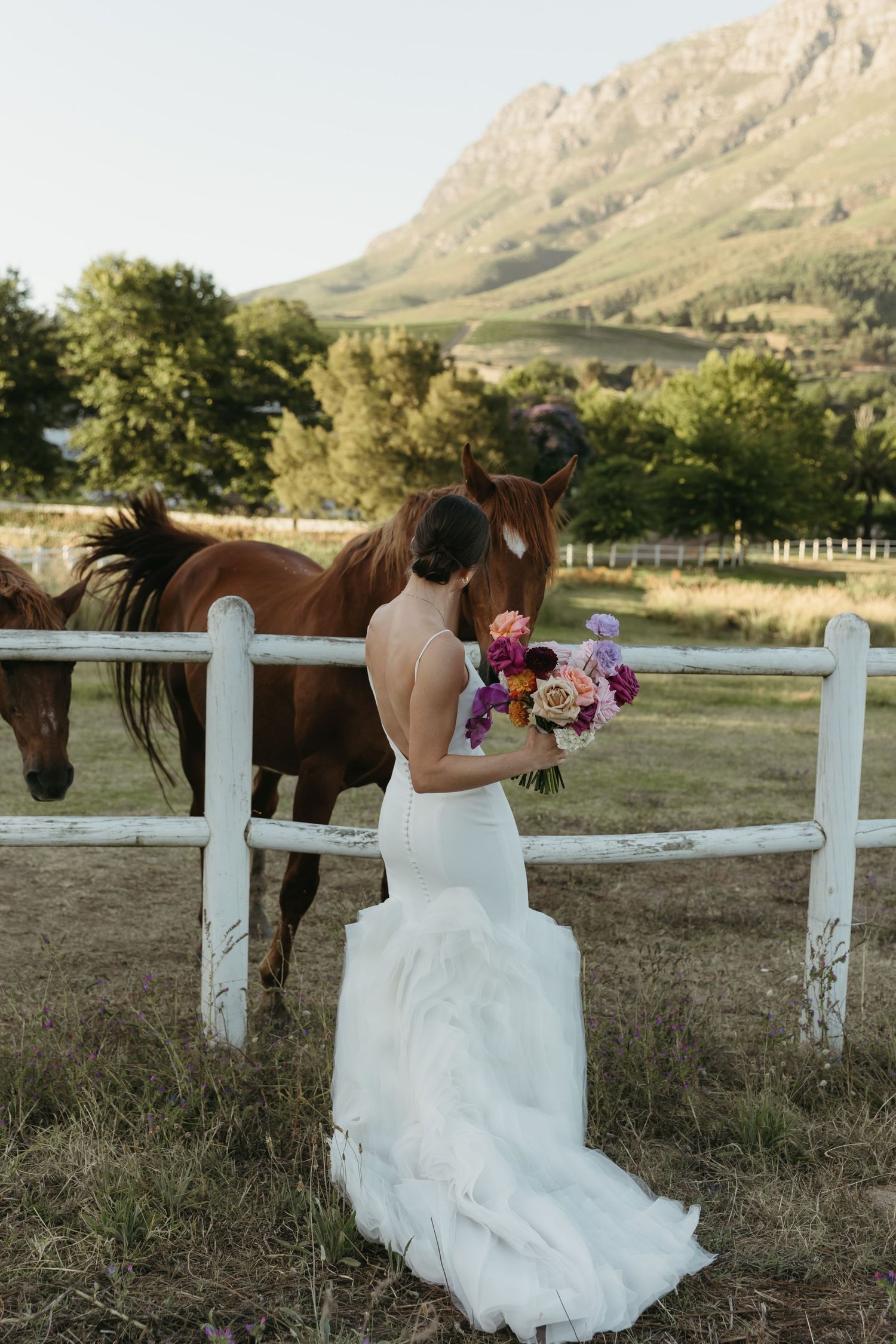 Bride in backless mermaid gown holds colorful bouquet beside white fence with chestnut horses and mountain backdrop.