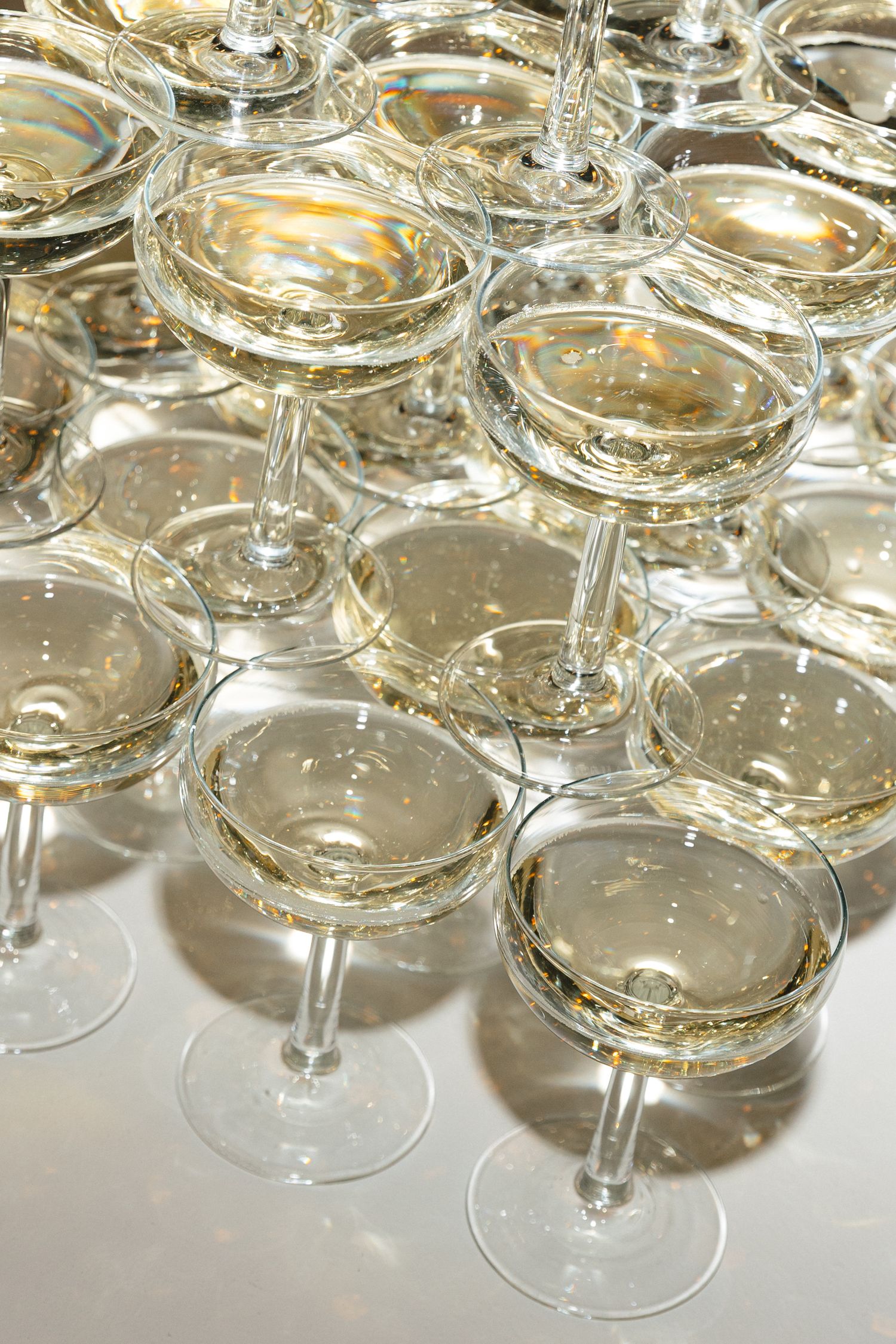 Multiple champagne coupe glasses arranged in rows on a white surface with golden liquid reflections.
