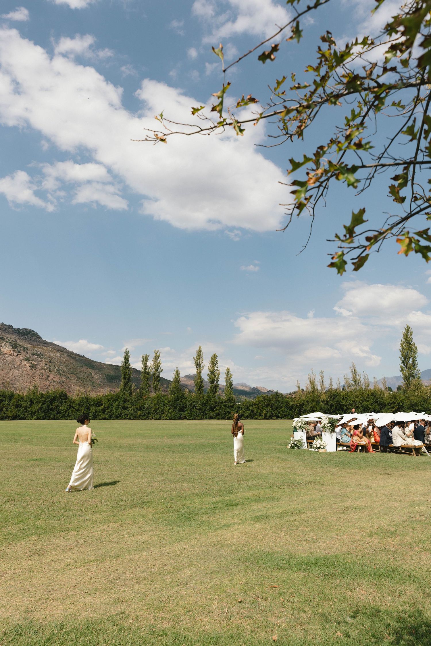 Cricket players in white uniforms stand on a grassy field with mountains and white tents visible in the background.