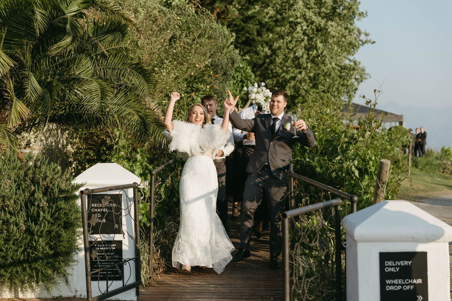 A wedding celebration montage showing outdoor ceremony moments, floral arrangements, and reception details in a garden setting.