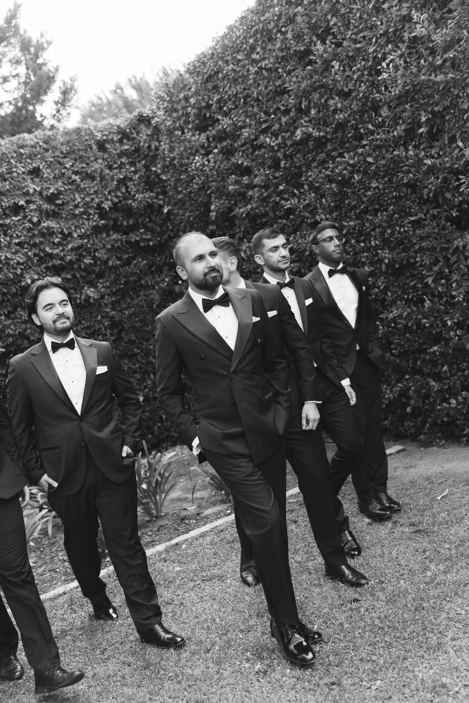 A sequence of black and white photos showing groomsmen in tuxedos posing playfully in front of hedges.