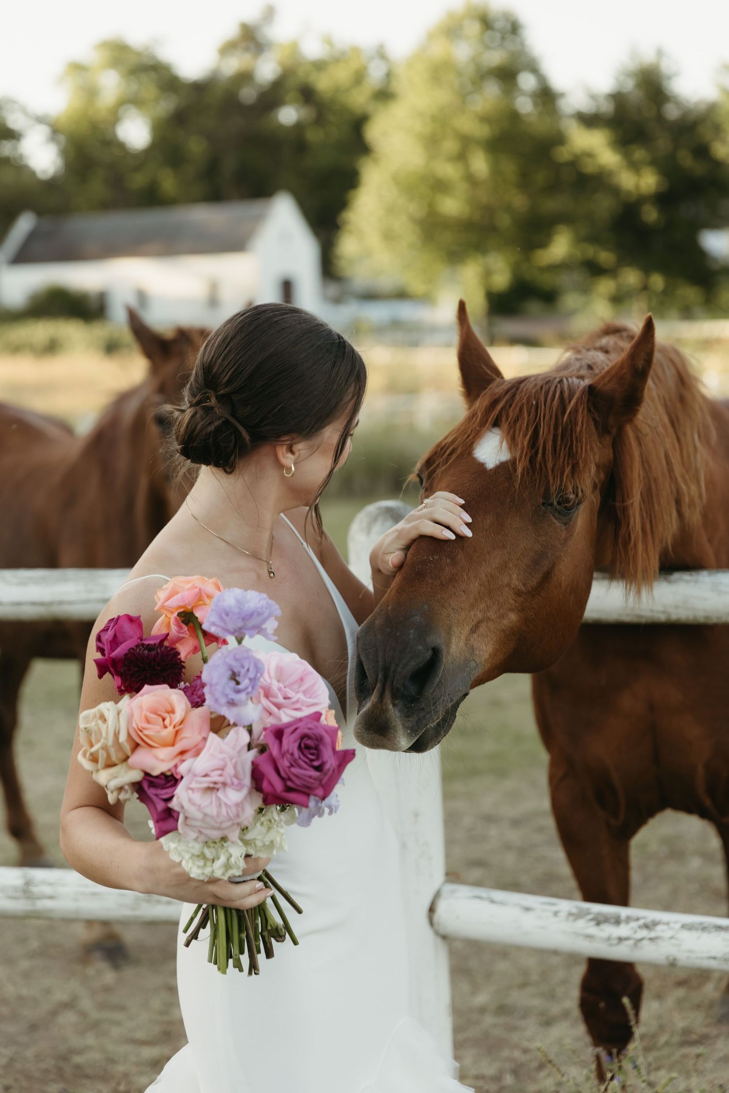 Bride in white gown holds colorful bouquet while gently petting a chestnut horse at a rustic farm wedding venue.