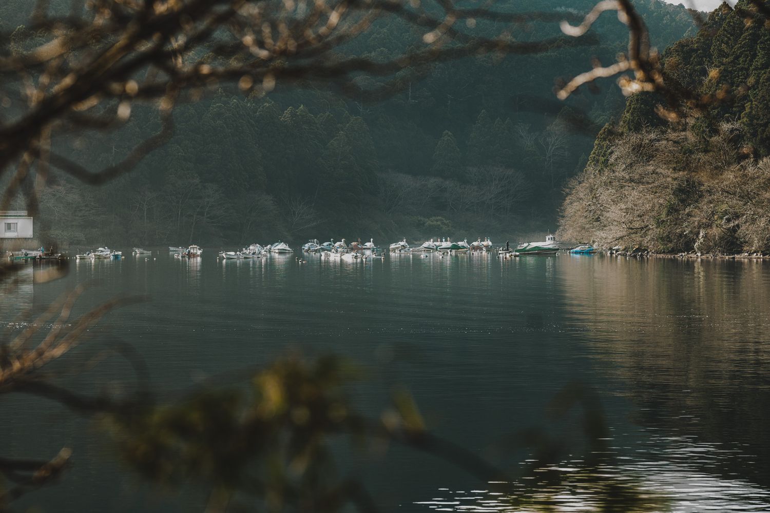 Serene mountain lake reflects misty green hills with small boats moored along the rocky shoreline.