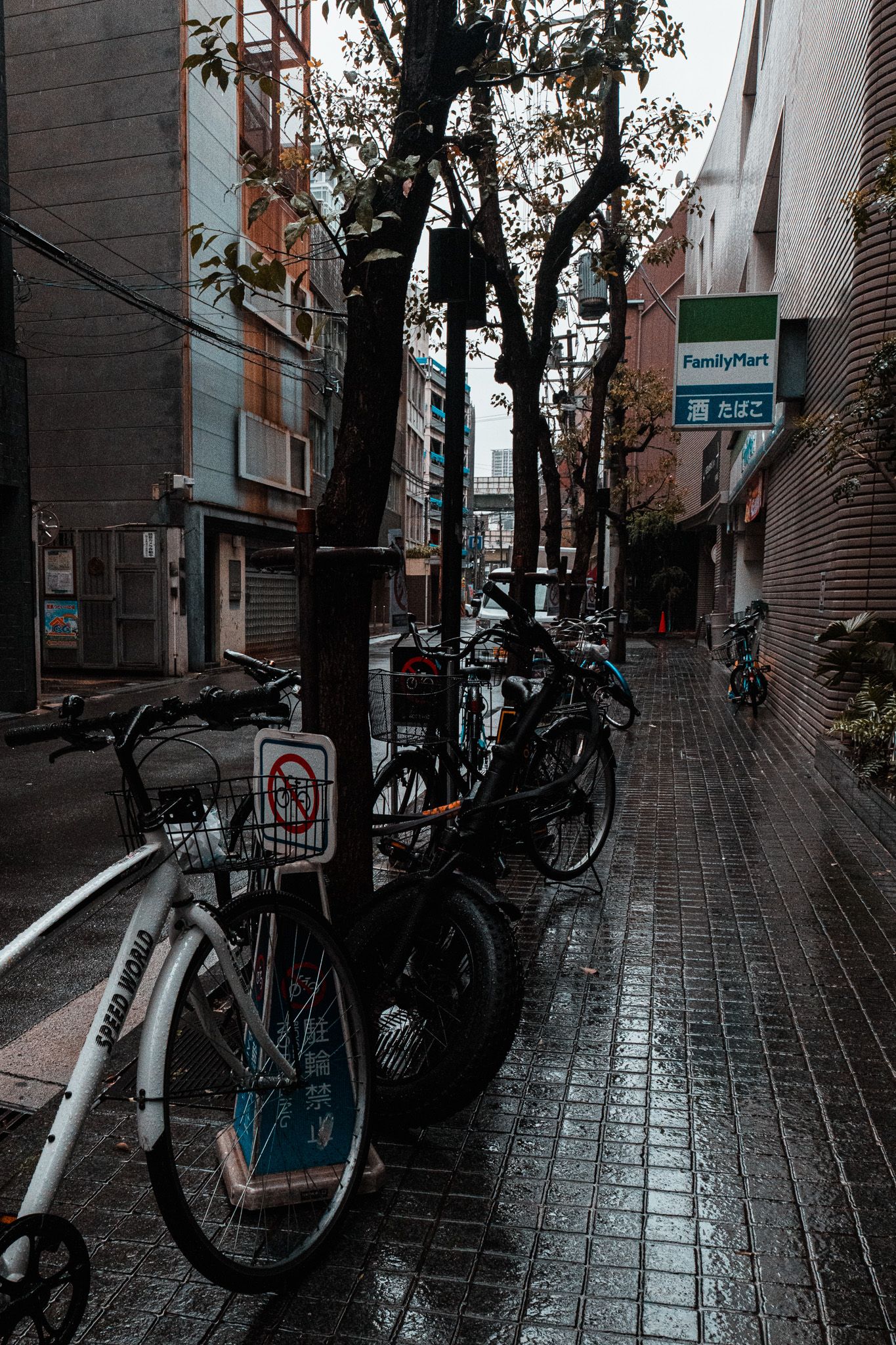 Wet cobblestone alley in Japan with bicycles parked along trees near a FamilyMart convenience store on a rainy day.