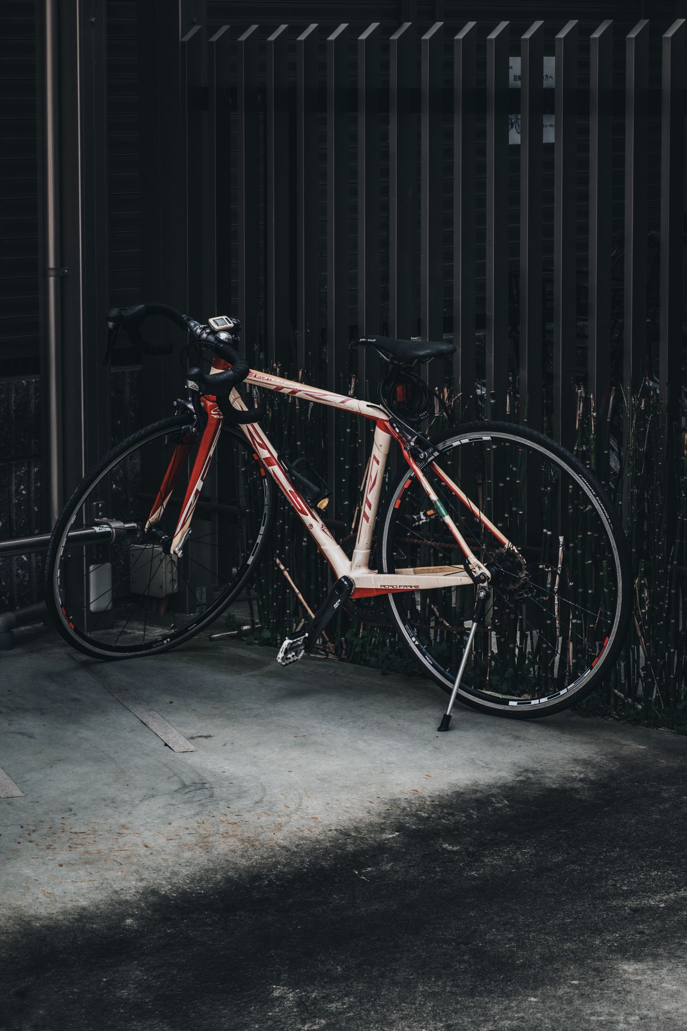 Red and white road bicycle leaning on kickstand against dark wooden slatted wall in moody shadow lighting.