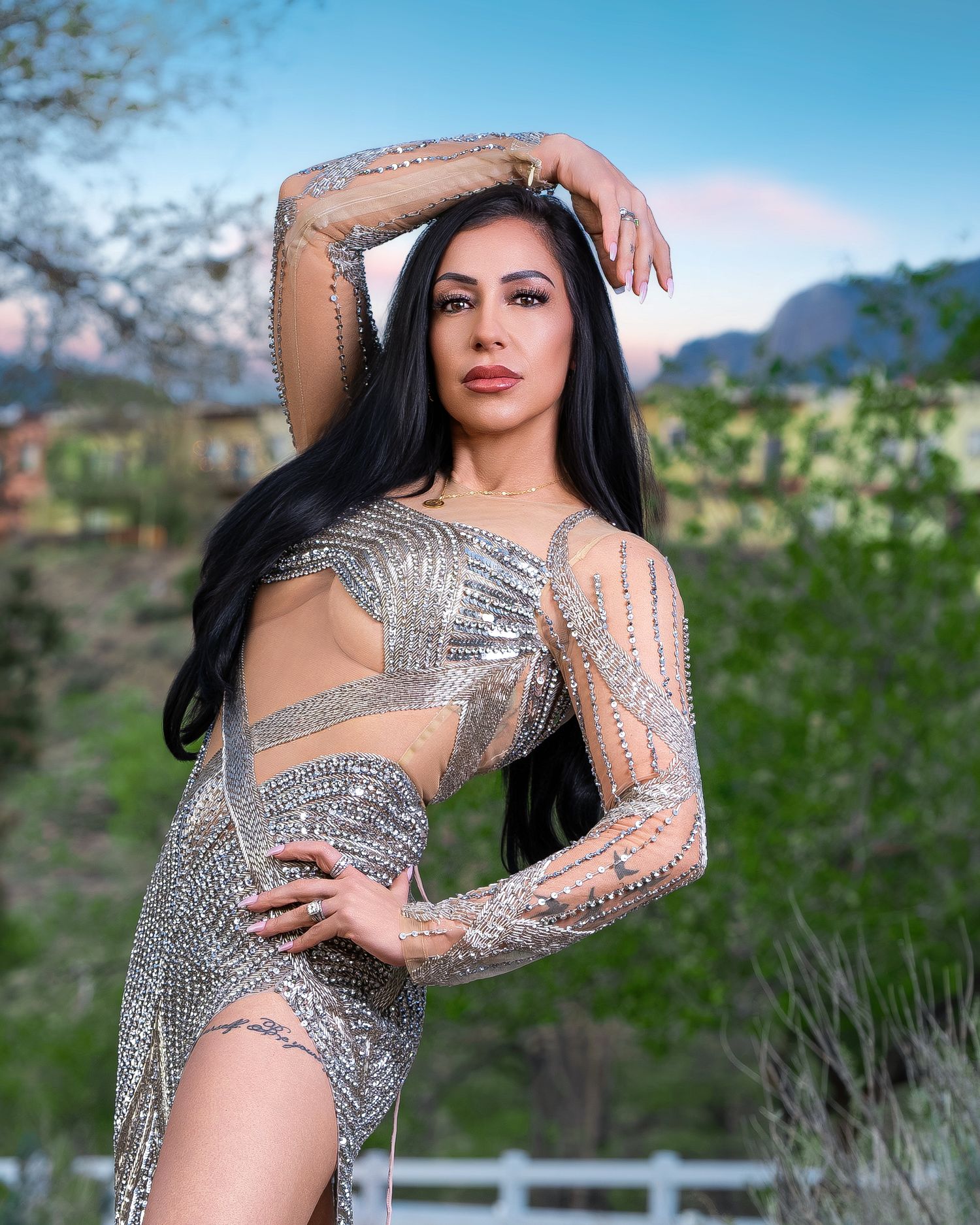 Woman in silver rhinestone bodysuit poses outdoors with mountains and trees in background at dusk.