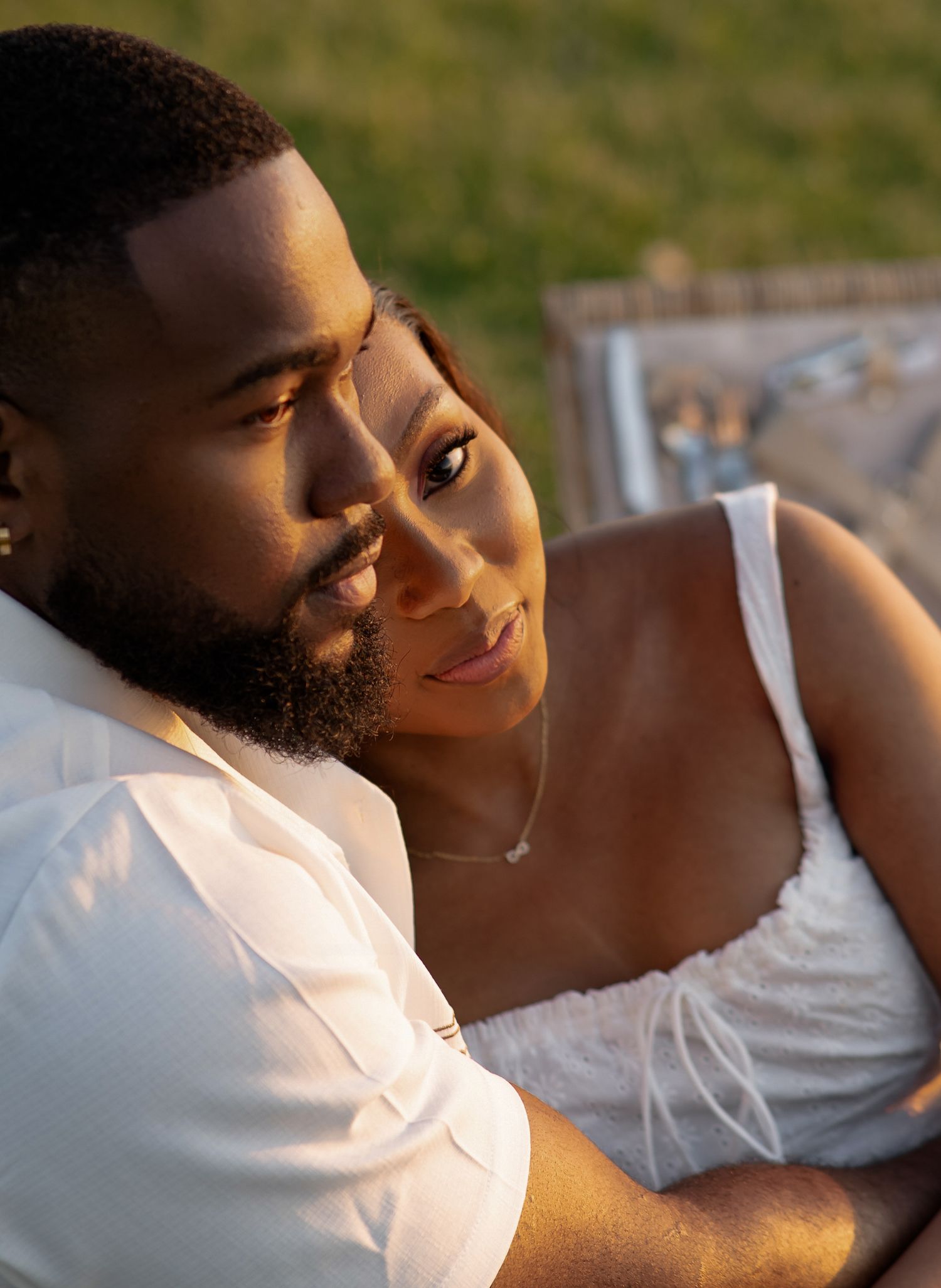 Bride and groom embracing during golden hour wedding portraits in Arizona Arizona engagement session at sunset in the desert