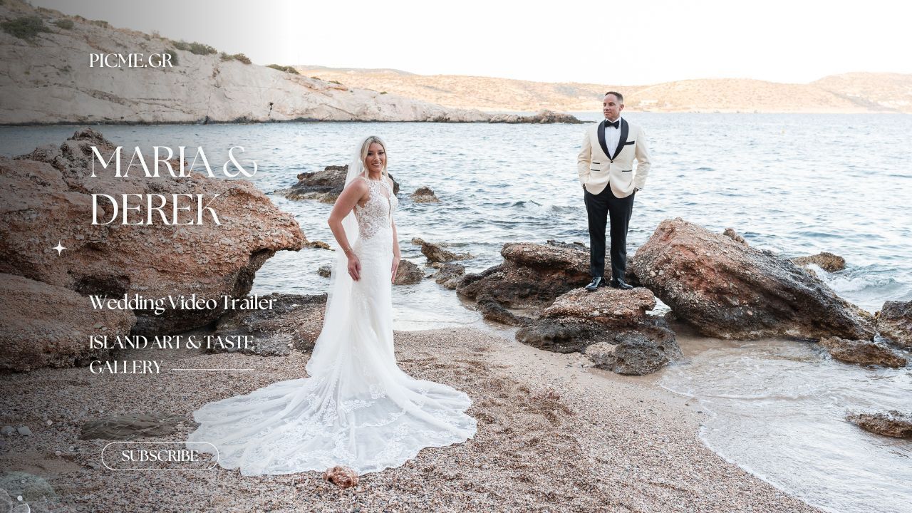 Romantic coastal wedding photography session showing couple on sandy beach with waves and rocks at sunset.