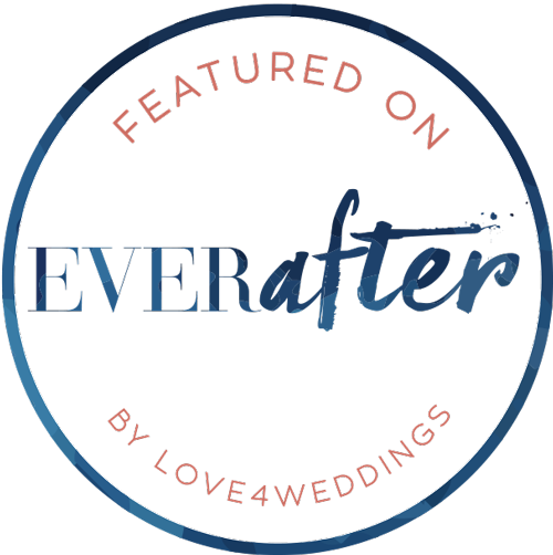 Circular logo for Ever After by Love4Weddings featuring navy blue text and coral pink accents.